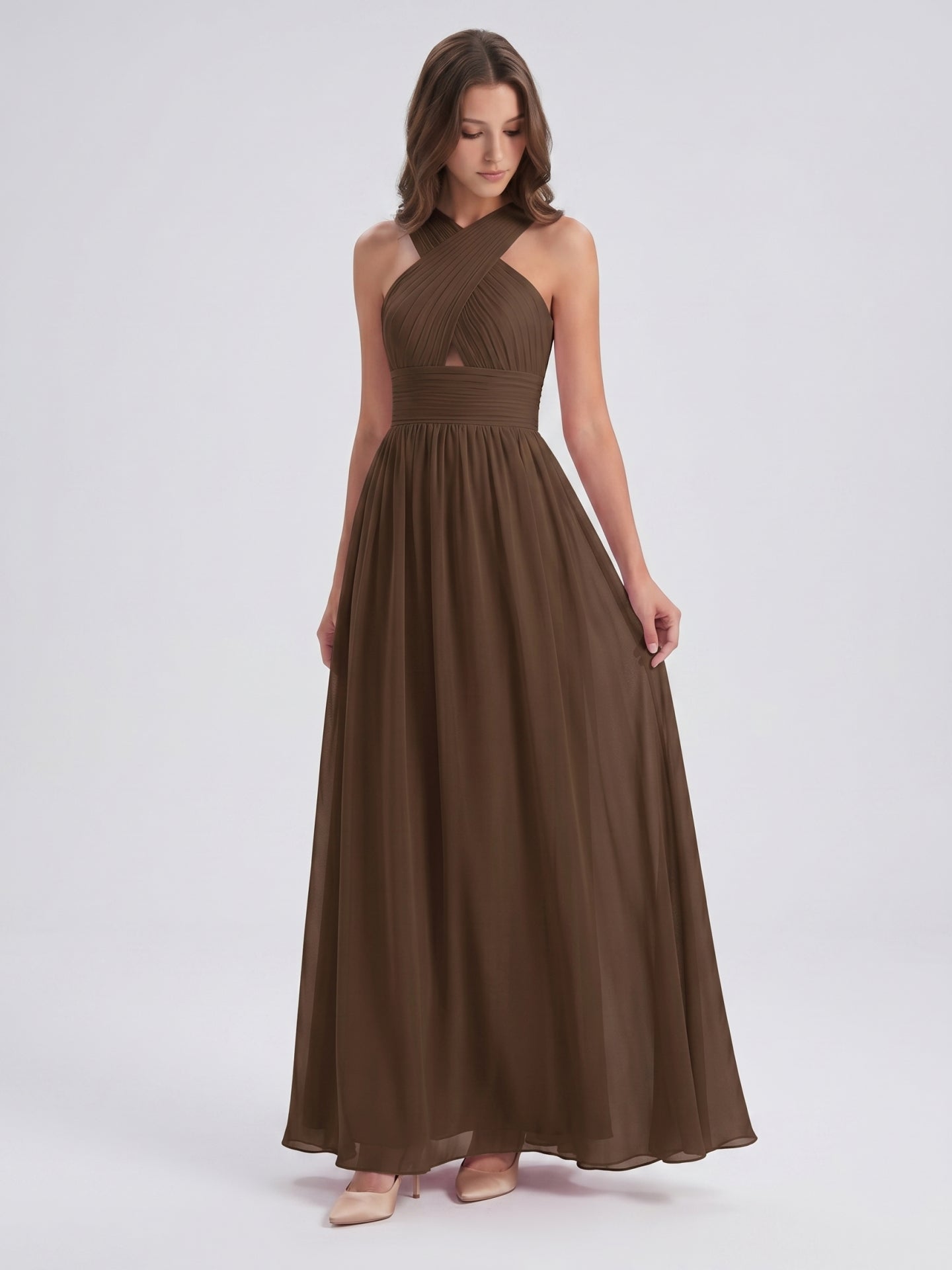 Mocha Chiffon A-Line Halter Backless Floor-Length Bridesmaid Dress