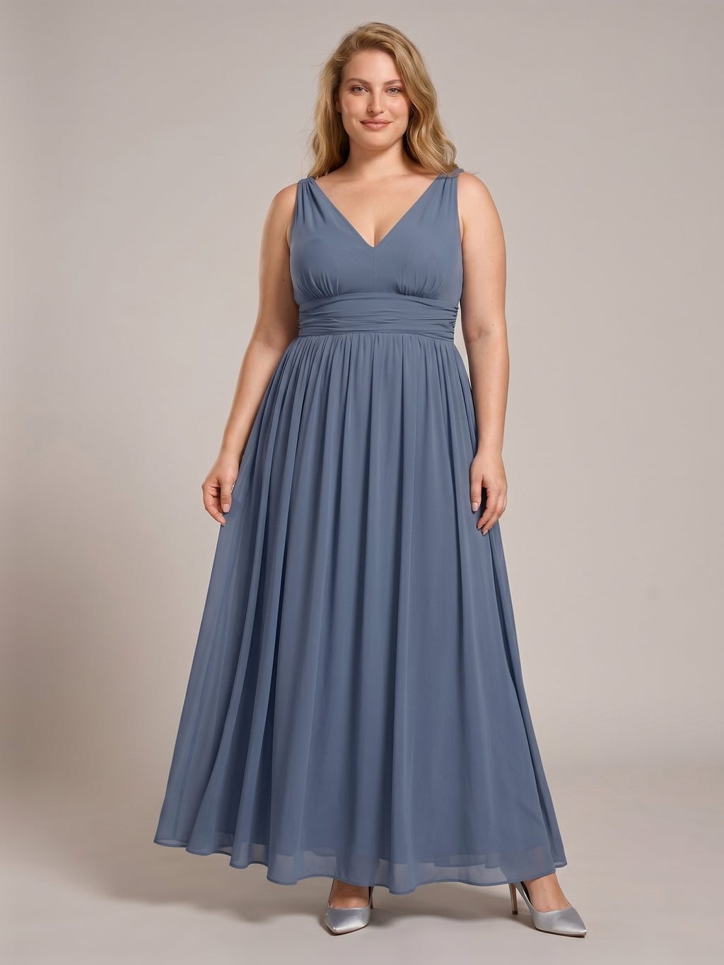 Simple Stormy Chiffon Empire V-Neck Back Zip Ankle-Length Plus Size Bridesmaid Dress