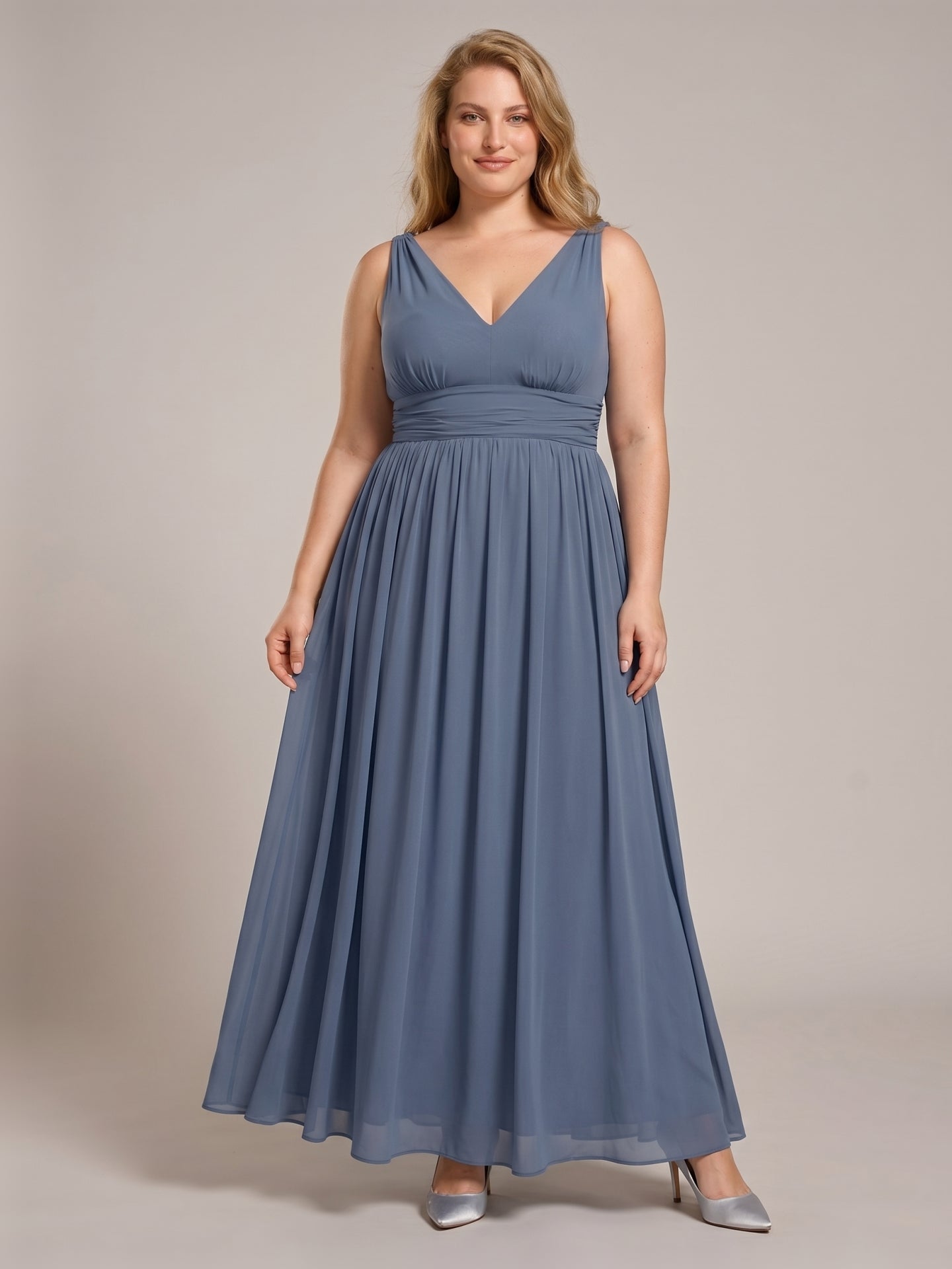 Simple Stormy Chiffon Empire V-Neck Back Zip Ankle-Length Plus Size Bridesmaid Dress