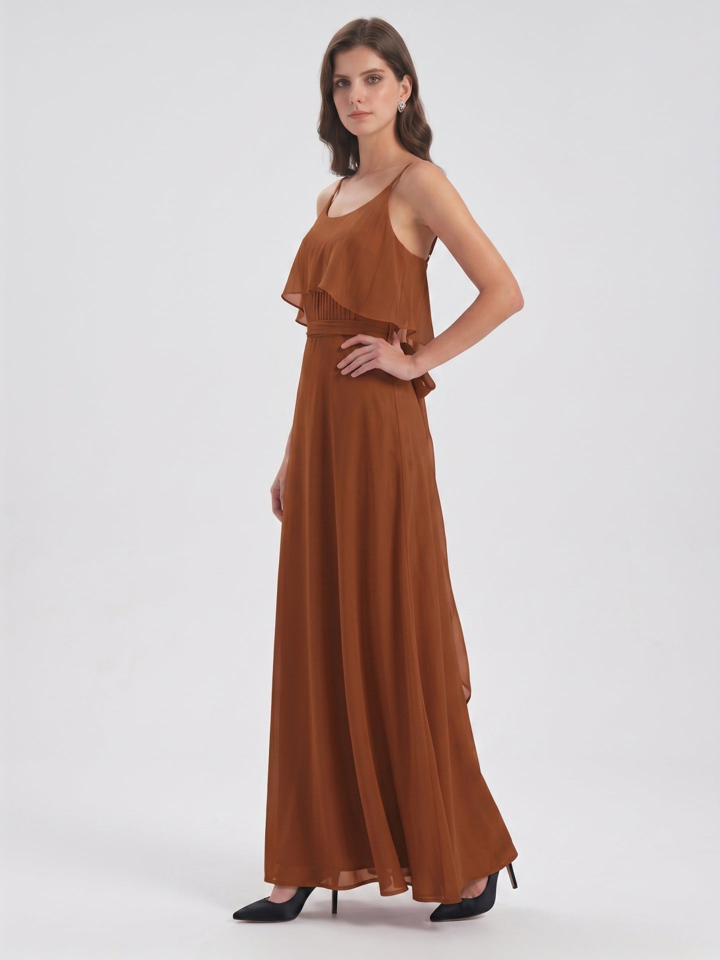 Terracotta Chiffon Sheath Scoop Neck Backless Floor-Length Bridesmaid Dress with Bow