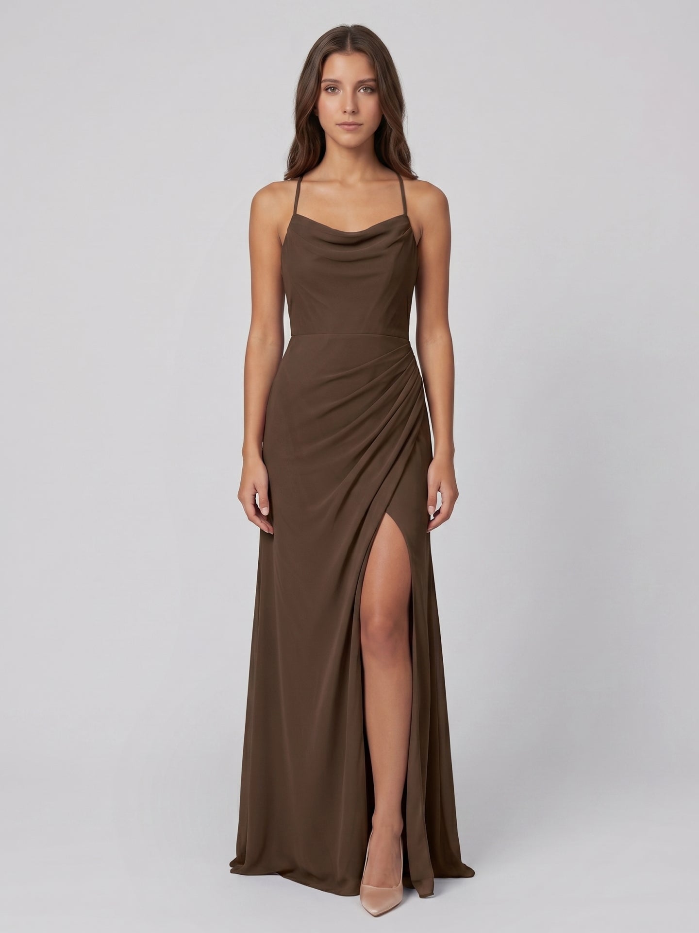 Mocha Chiffon Sheath Cowl Neck Criss-Cross Back Floor-Length Pleated Bridesmaid Dress