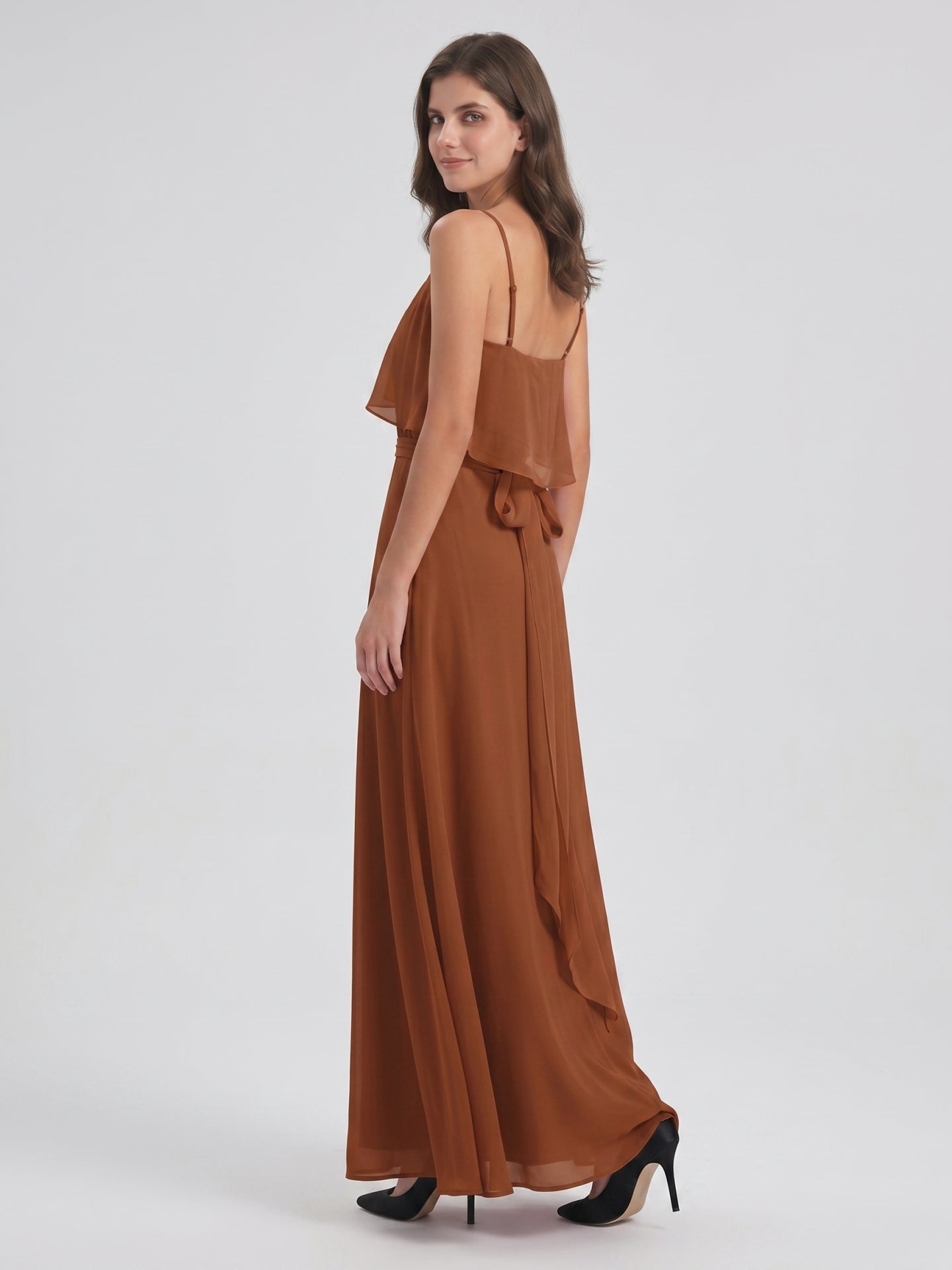 Terracotta Chiffon Sheath Scoop Neck Backless Floor-Length Bridesmaid Dress with Bow