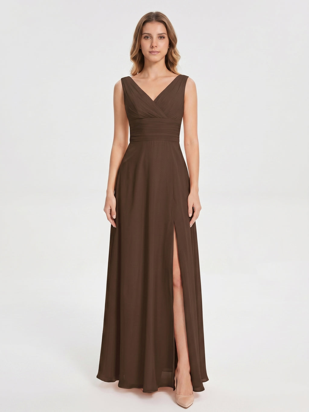 Mocha Chiffon A-Line V-Neck V-Back Ankle-Length Bridesmaid Dress with Bow