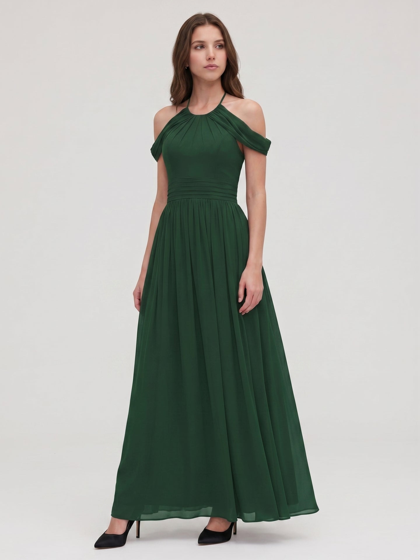 Forest Green Chiffon A-Line Scoop Neck Backless Floor-Length Pleated Bridesmaid Dress