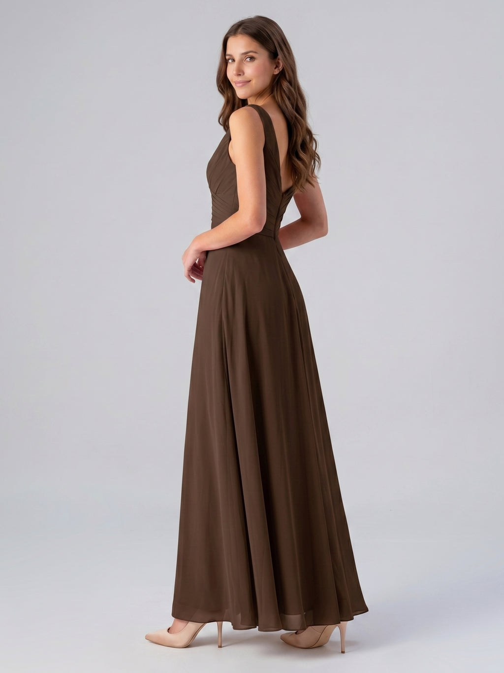 Mocha Chiffon A-Line V-Neck V-Back Floor-Length Bridesmaid Dress with Pockets
