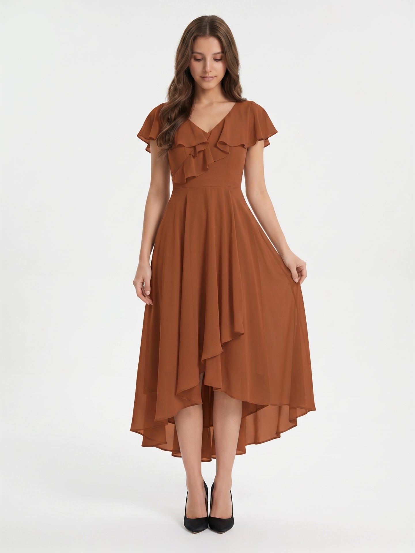 Terracotta Chiffon A-Line V-Neck V-Back Asymmetrical Ruffle Bridesmaid Dress