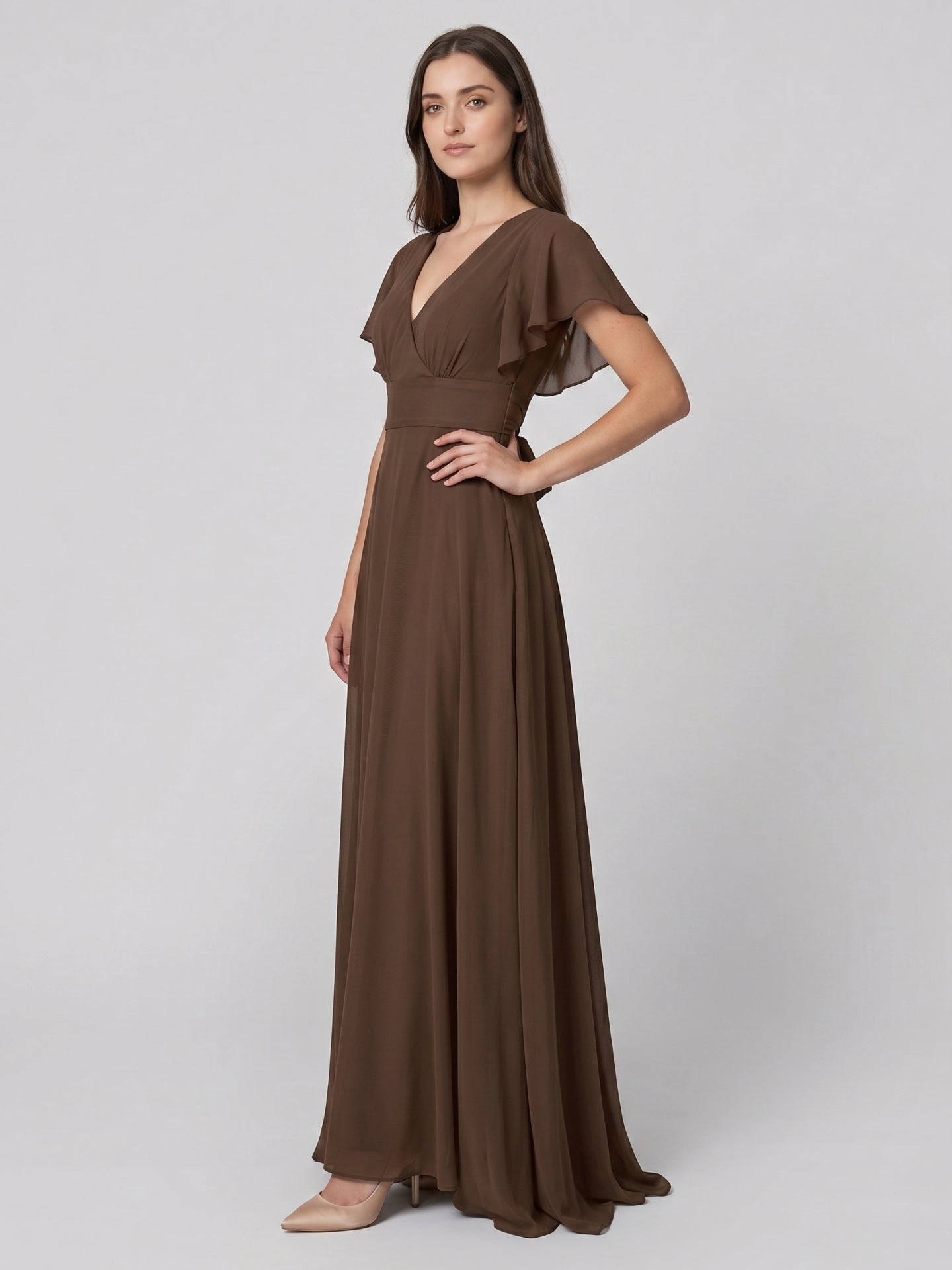 Mocha Chiffon A-Line V-Neck Back Zip Floor-Length Ruffle Bridesmaid Dress