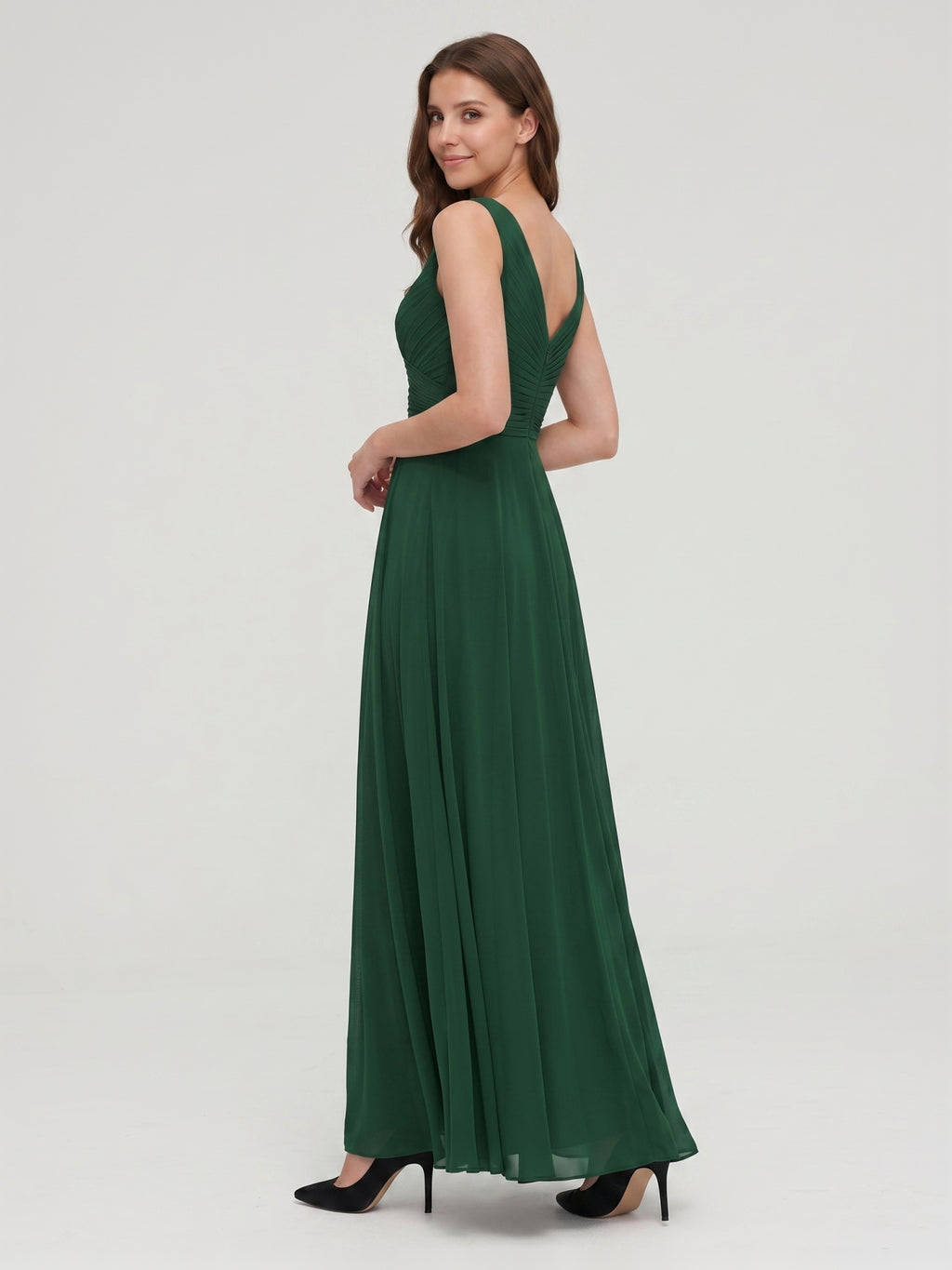Forest Green Chiffon A-Line V-Neck V-Back Floor-Length Pleated Bridesmaid Dress