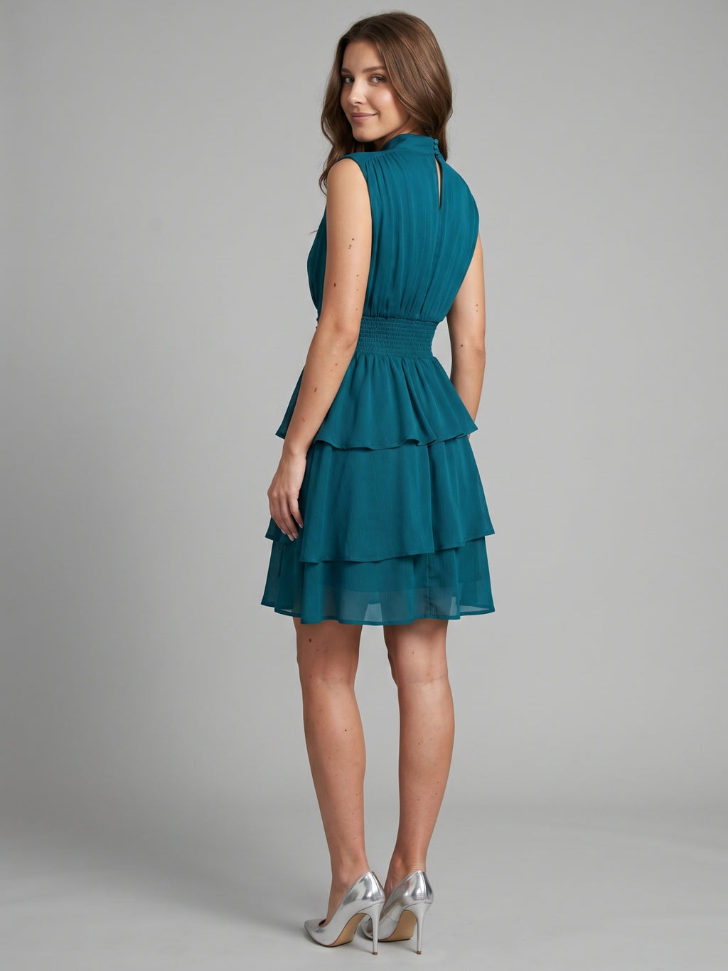 Teal Chiffon A-Line Scoop Neck Back Zip Knee-Length Cascading Ruffle Bridesmaid Dress