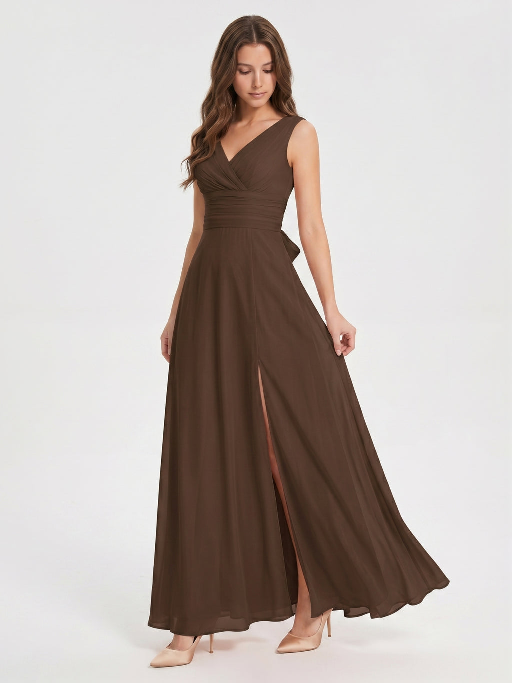 Mocha Chiffon A-Line V-Neck V-Back Ankle-Length Bridesmaid Dress with Bow