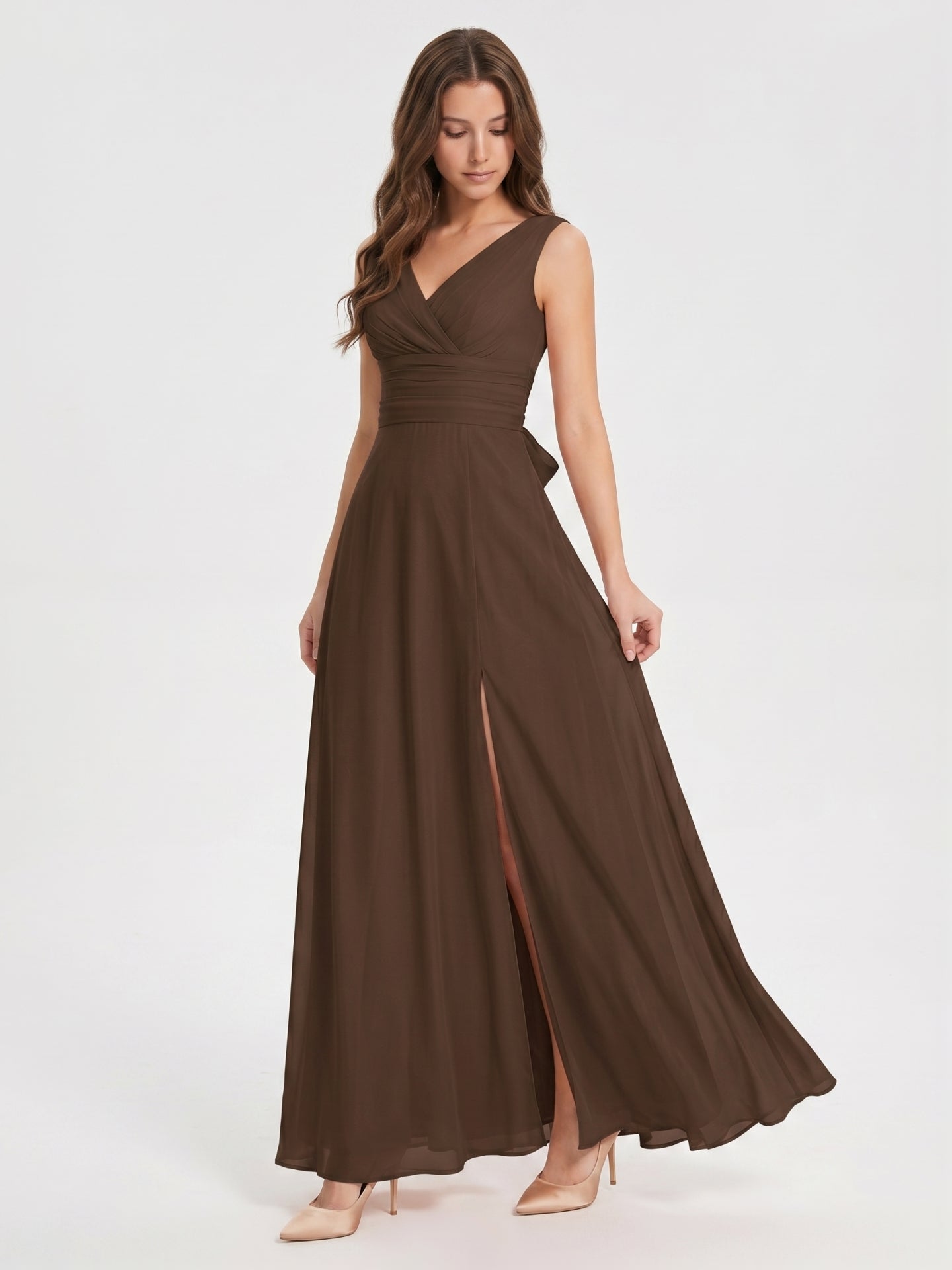Mocha Chiffon A-Line V-Neck V-Back Ankle-Length Bridesmaid Dress with Bow