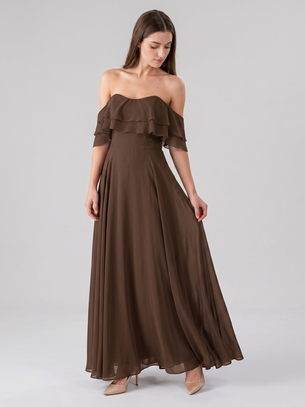 Mocha Chiffon A-Line Off-the-Shoulder Backless Floor-Length Ruffle Bridesmaid Dress