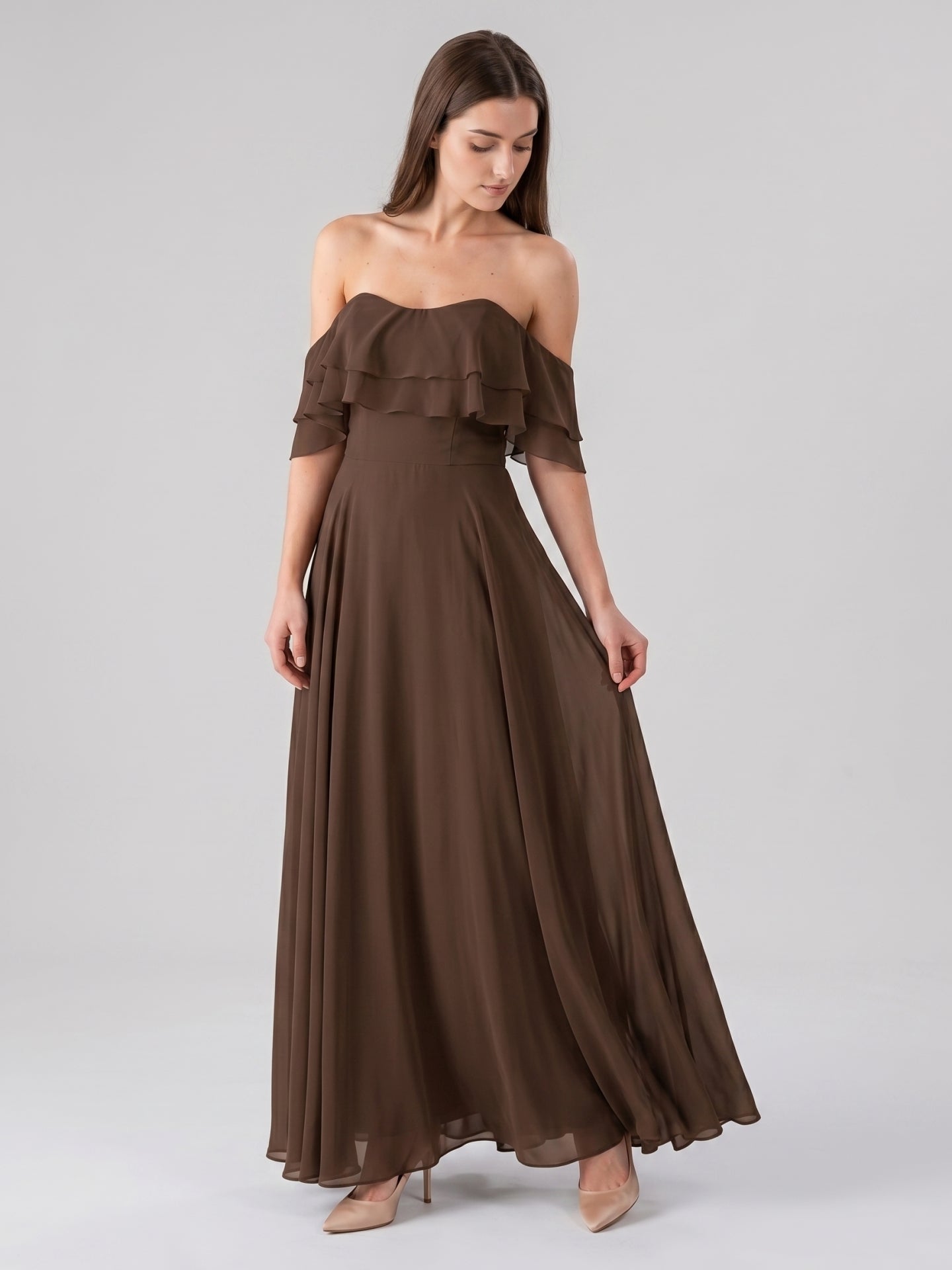 Mocha Chiffon A-Line Off-the-Shoulder Backless Floor-Length Ruffle Bridesmaid Dress