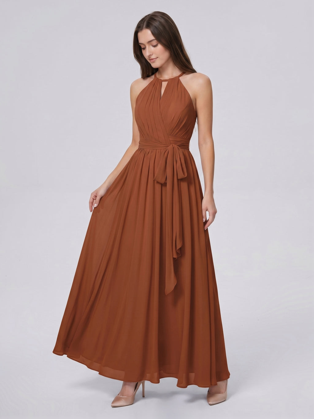 Terracotta Chiffon A-Line Halter Bow Back Floor-Length Bridesmaid Dress with Bow