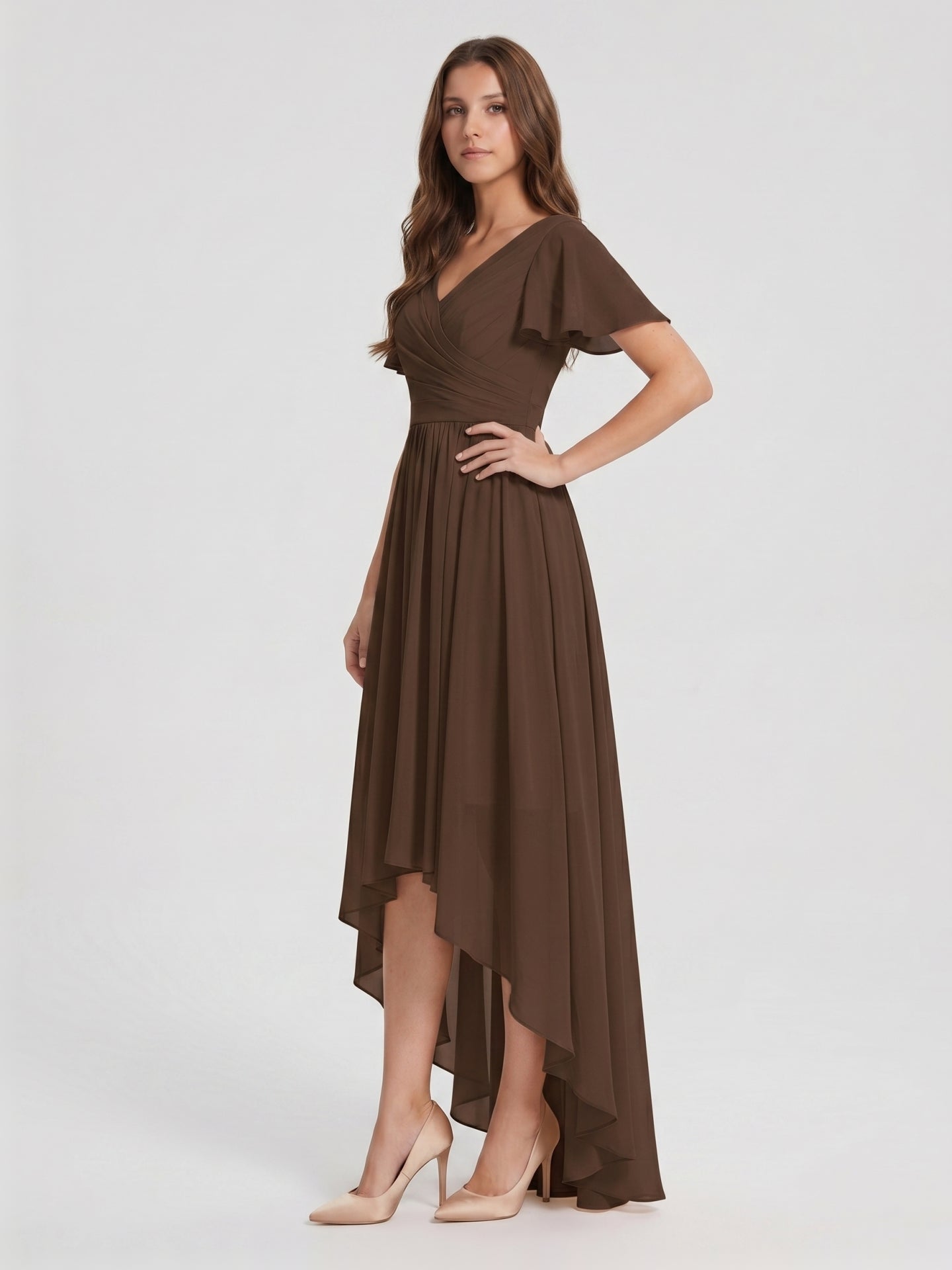 Mocha Chiffon A-Line V-Neck V-Back Asymmetrical Pleated Bridesmaid Dress
