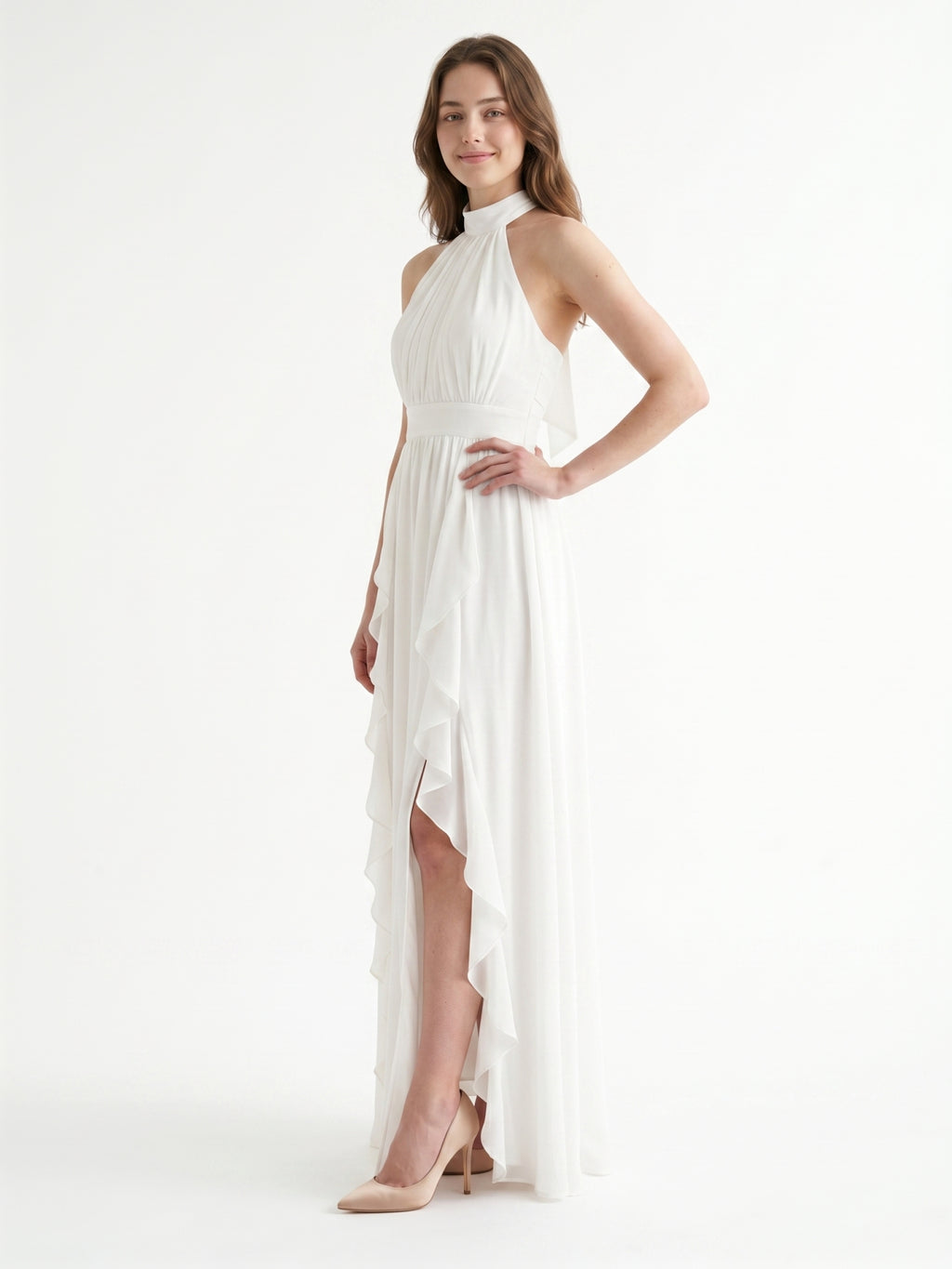 Ivory Chiffon A-Line Halter Bow Back Floor-Length Ruffle Bridesmaid Dress