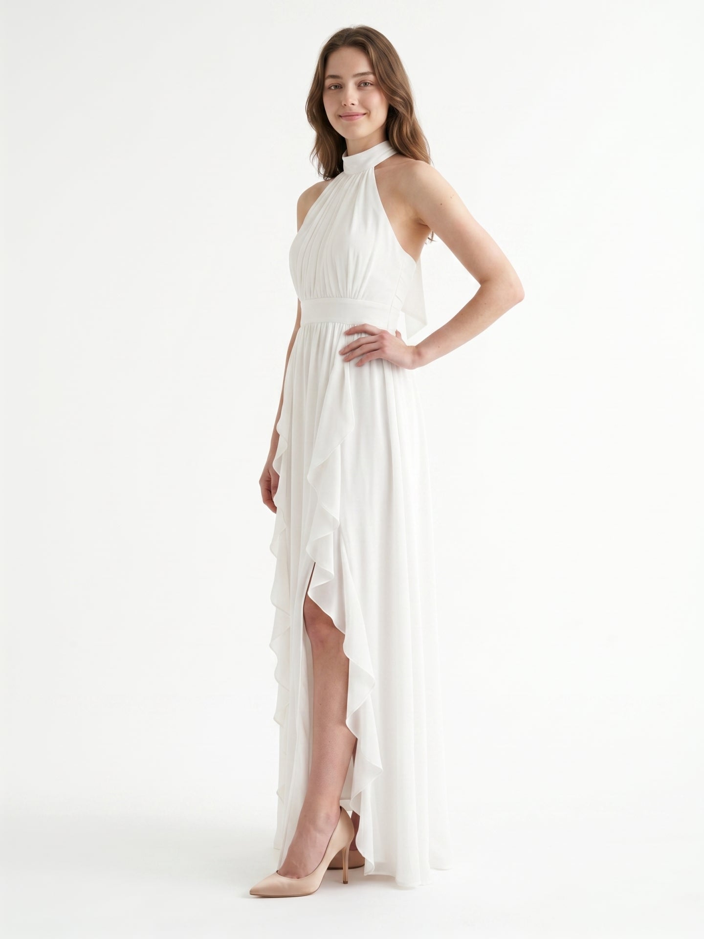 Ivory Chiffon A-Line Halter Bow Back Floor-Length Ruffle Bridesmaid Dress