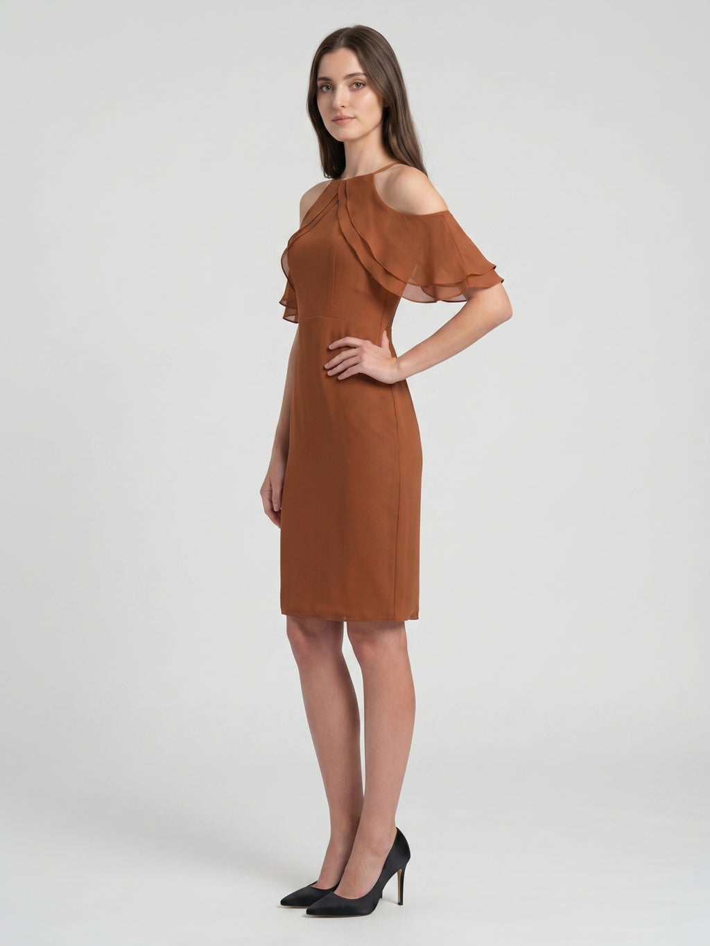 Terracotta Chiffon Sheath Off-the-Shoulder Back Zip Knee-Length Ruffle Bridesmaid Dress