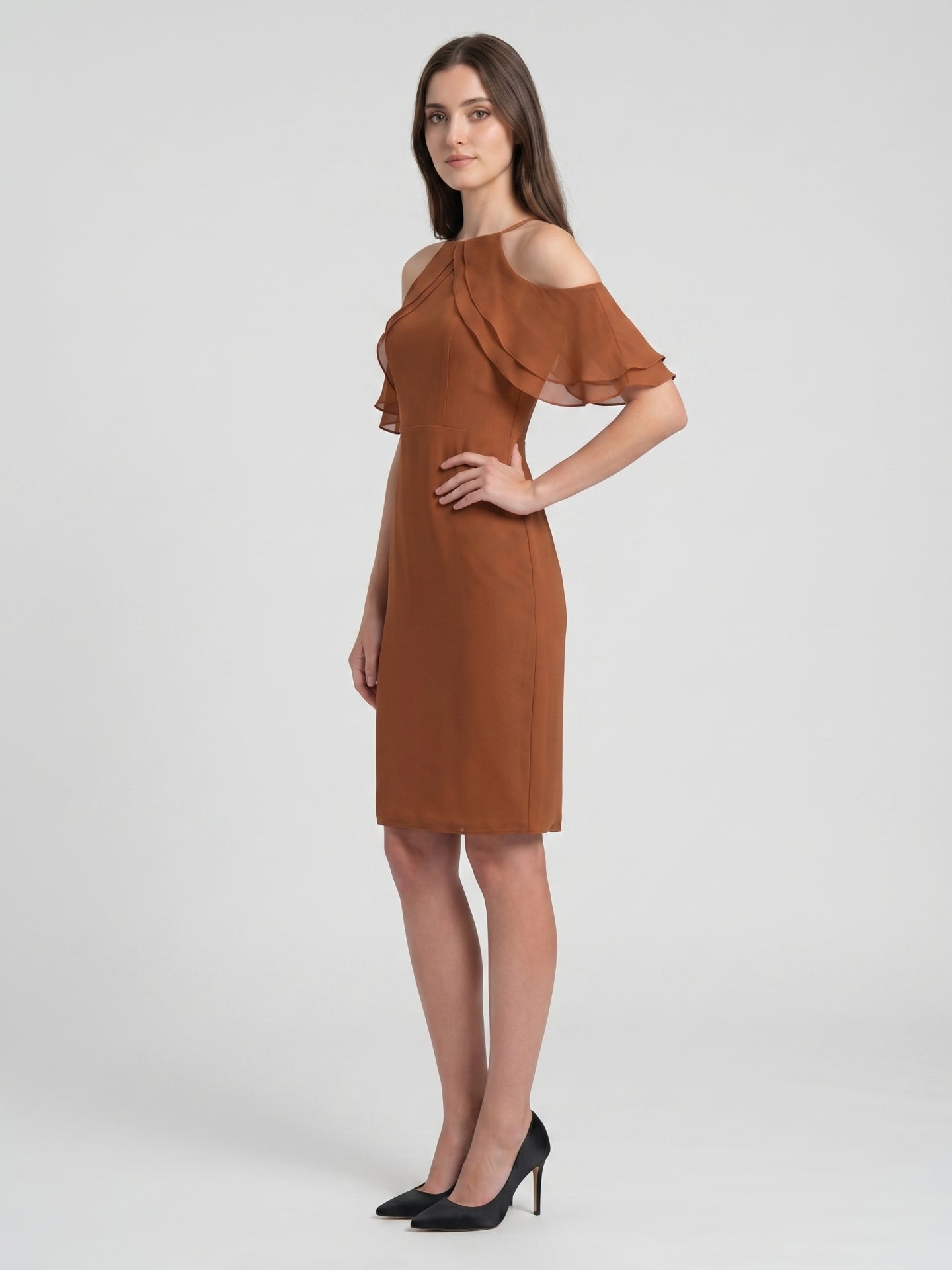 Terracotta Chiffon Sheath Off-the-Shoulder Back Zip Knee-Length Ruffle Bridesmaid Dress