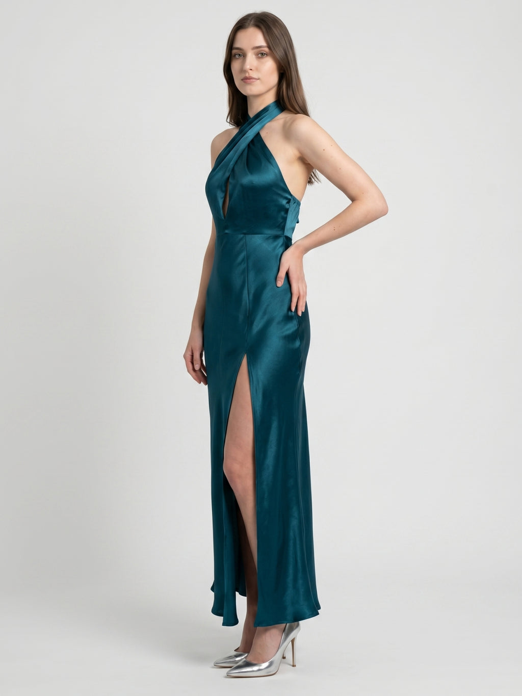 Teal Satin Sheath Halter Lace-Up Back Ankle-Length Bridesmaid Dress