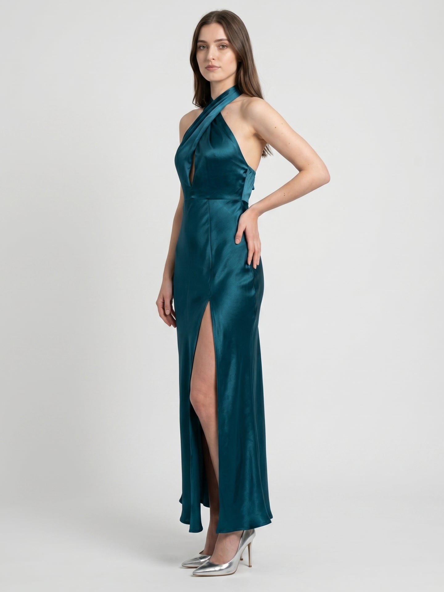 Teal Satin Sheath Halter Lace-Up Back Ankle-Length Bridesmaid Dress