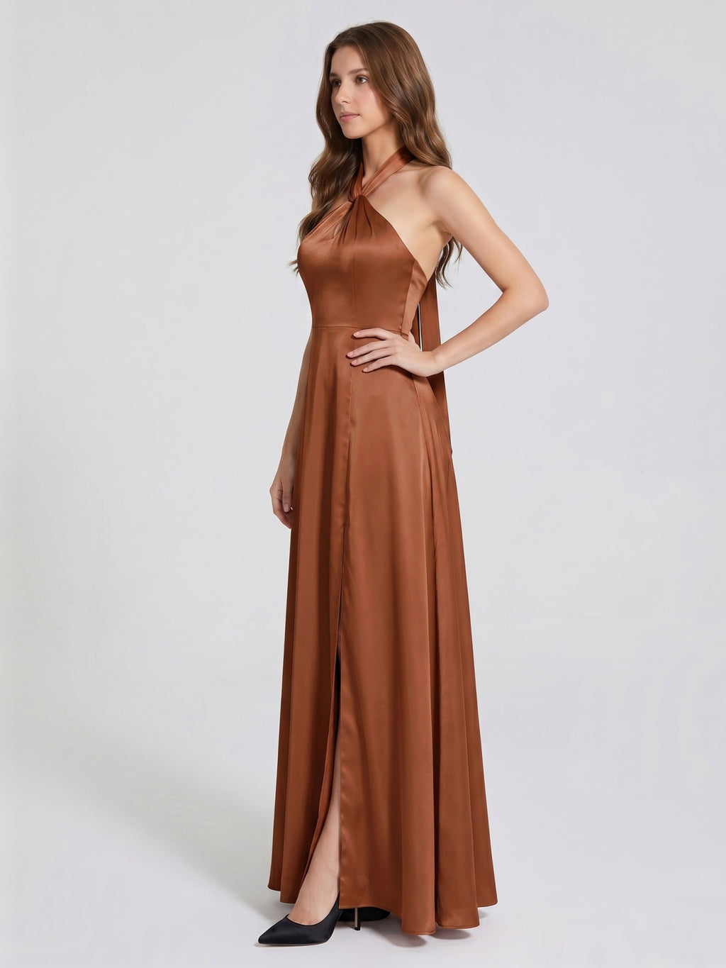 Terracotta Satin A-Line Halter Lace-Up Back Floor-Length Bridesmaid Dress with Bow