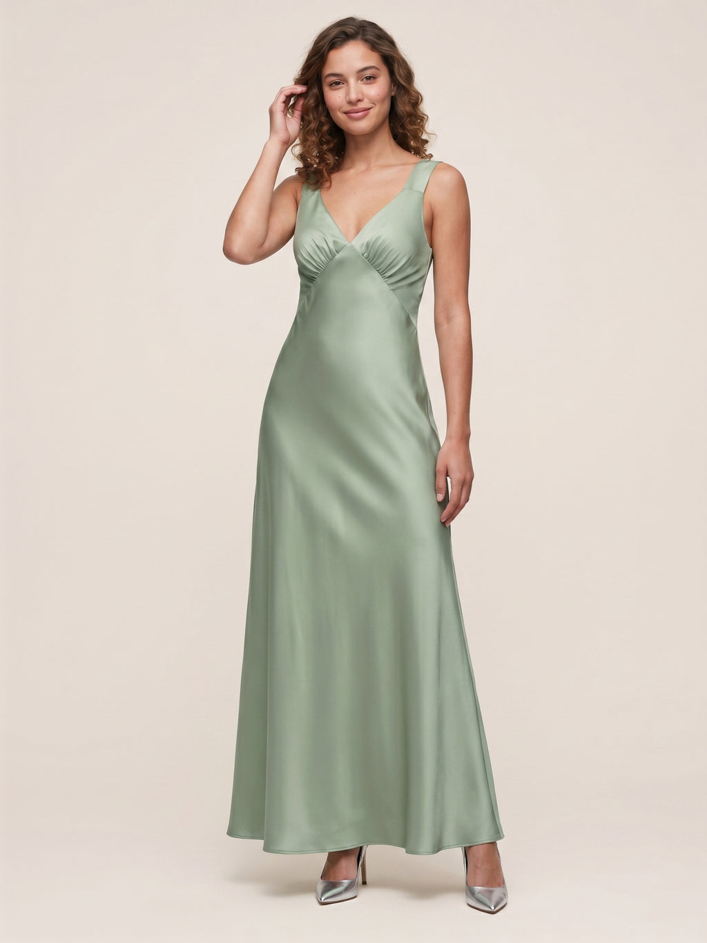 Refined Dusty Sage Satin column V-Neck Backless Ankle-Length  Bridesmaid Dress