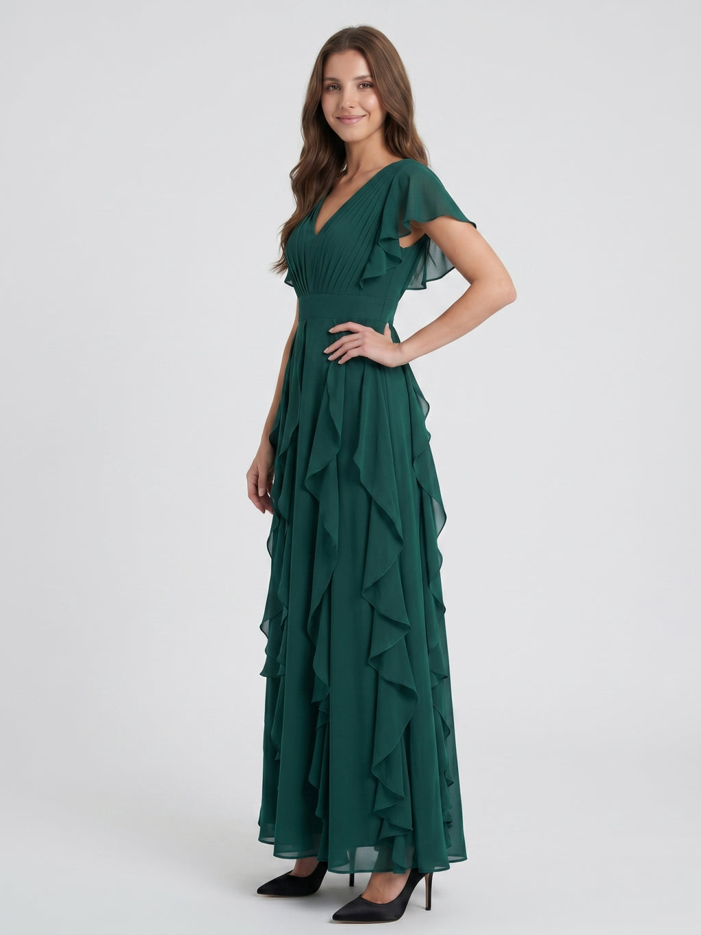 Peacock Chiffon A-Line V-Neck V-Back Floor-Length Ruffle Bridesmaid Dress