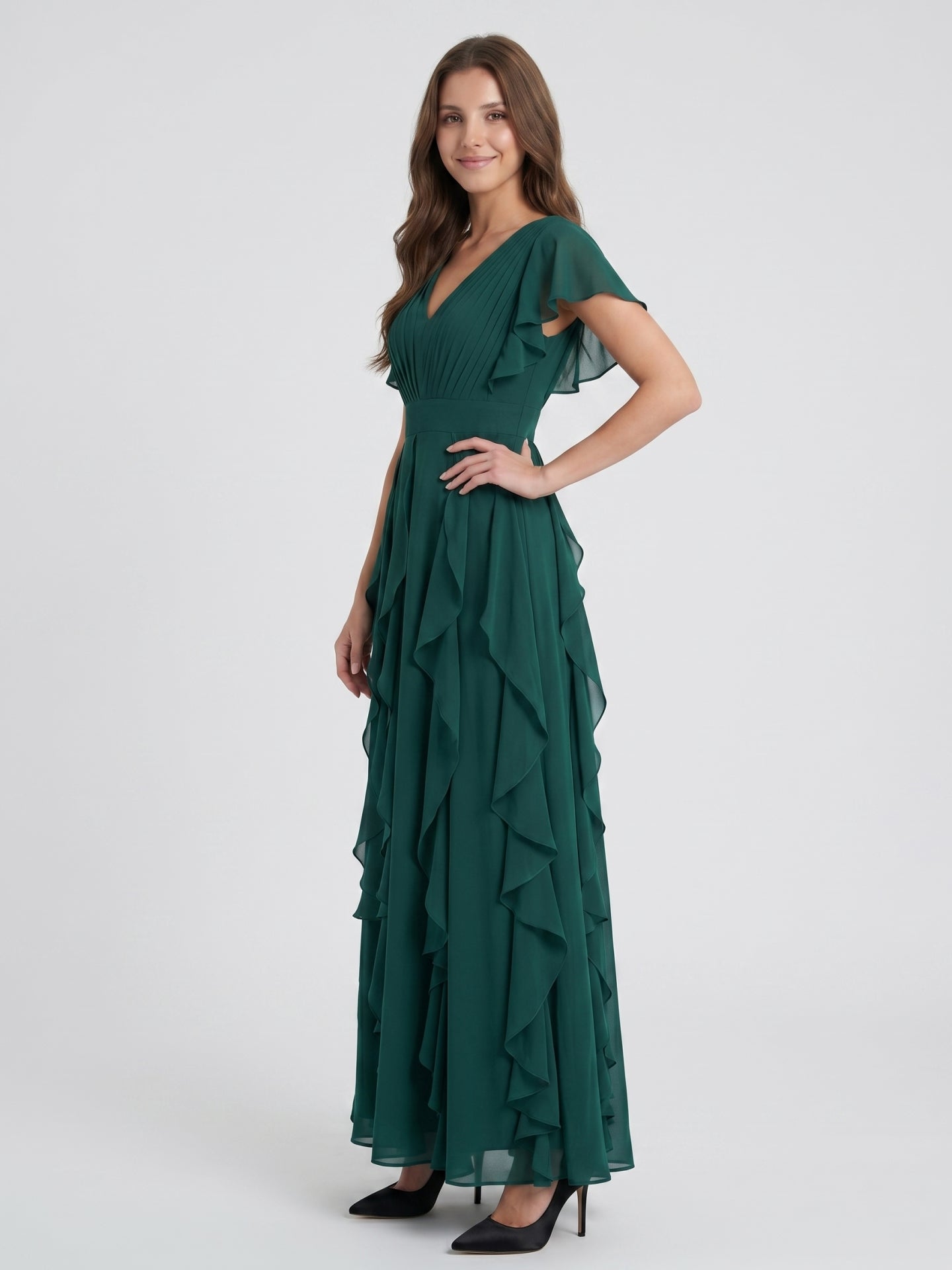 Peacock Chiffon A-Line V-Neck V-Back Floor-Length Ruffle Bridesmaid Dress