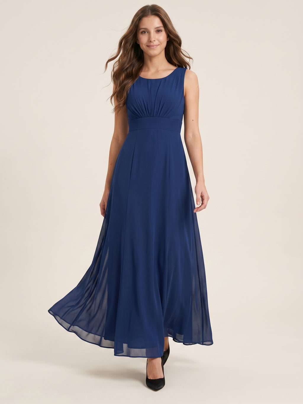 Simple Navy Blue Chiffon A-Line Scoop Neck V-Back with Bow Accent Ankle-Length Bridesmaid Dress