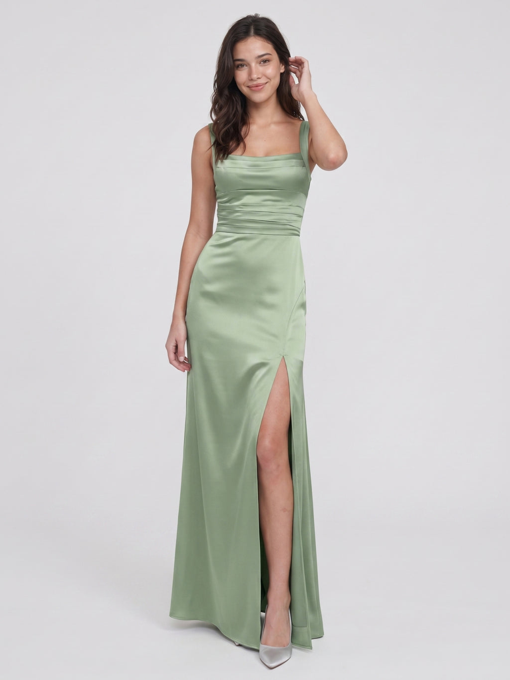 Elegant Dusty Sage Satin A-Line Square Neck Ankle-Length Bridesmaid Dress
