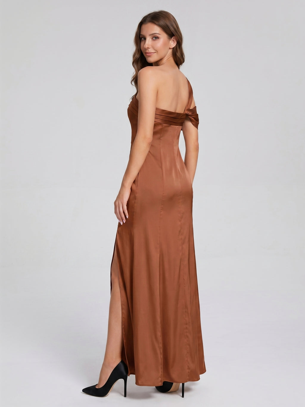 Terracotta Satin Column One Shoulder Backless Floor-Length Bridesmaid Dress
