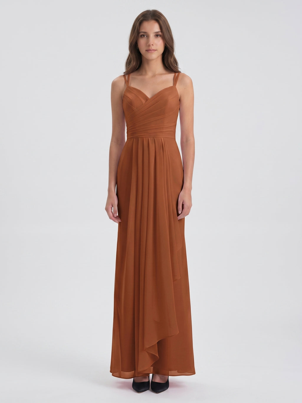 Terracotta Chiffon Sheath Sweetheart Criss-Cross Back Floor-Length Pleated Dress