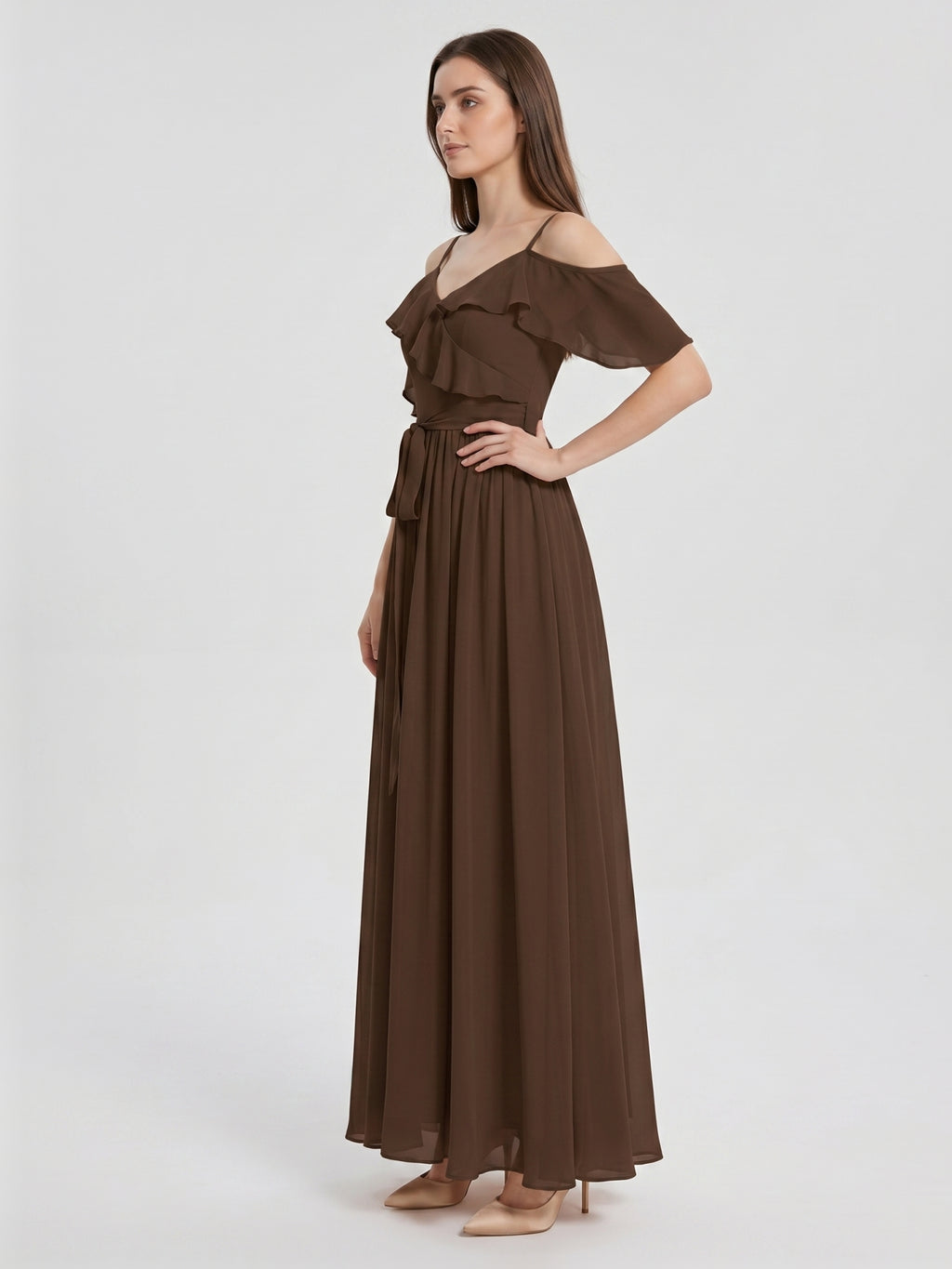 Mocha Chiffon A-Line Off-the-Shoulder V-Back Floor-Length Ruffle Bridesmaid Dress