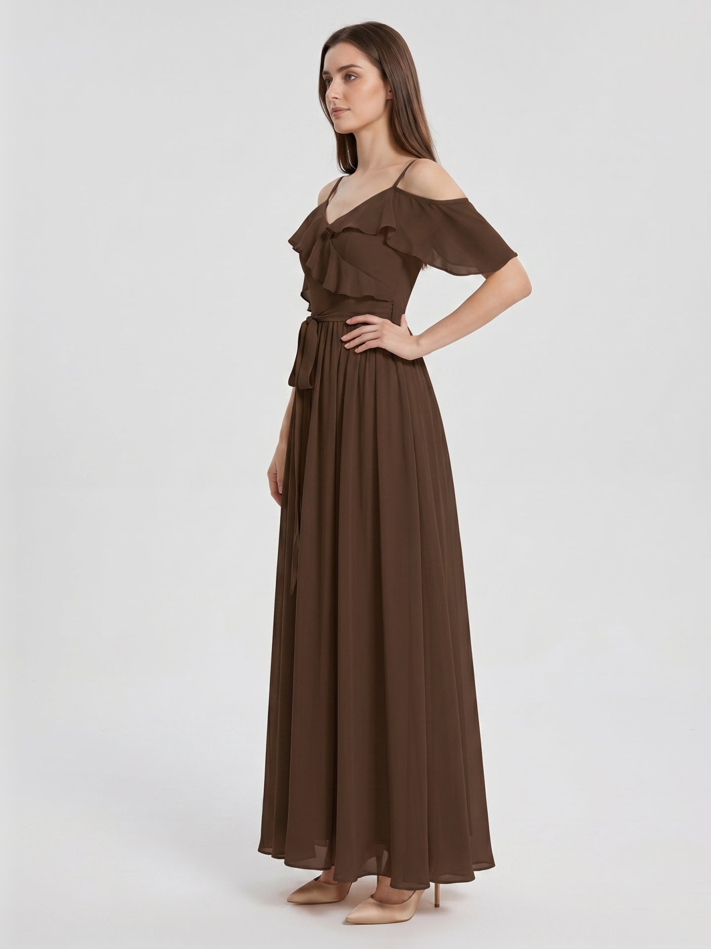 Mocha Chiffon A-Line Off-the-Shoulder V-Back Floor-Length Ruffle Bridesmaid Dress