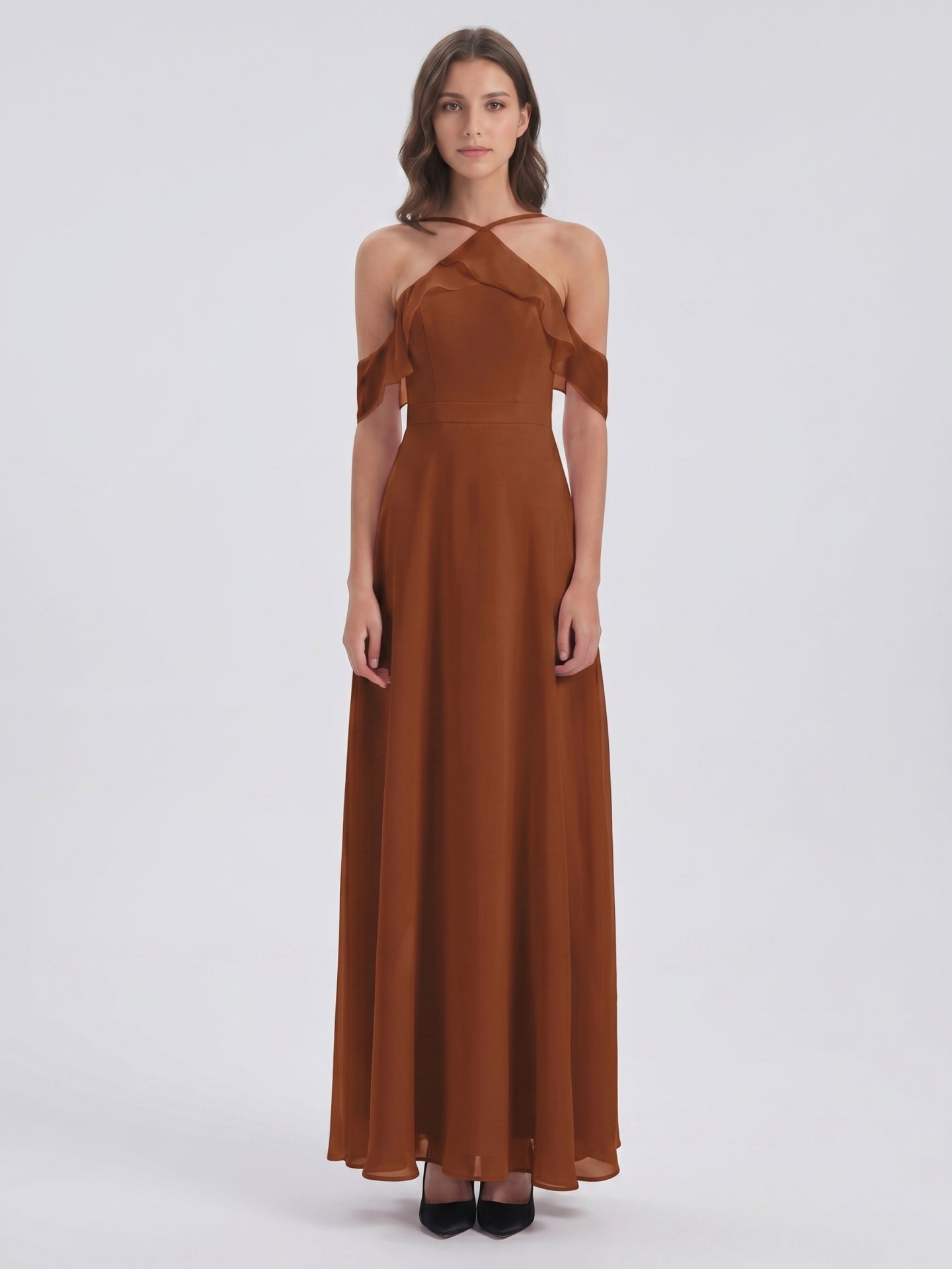 Terracotta Chiffon Sheath Off-the-Shoulder Backless Floor-Length Ruffle Dress