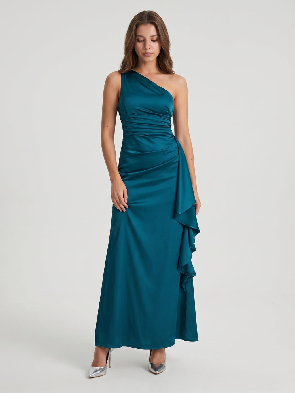 Teal Satin Sheath One Shoulder Side Zip Ankle-Length Ruffle Bridesmaid Dress