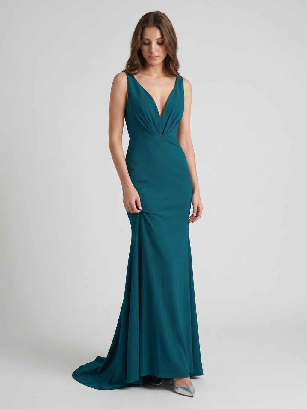Teal Stretch Knit Mermaid V-Neck Backless Floor-Length Bridesmaid Dress