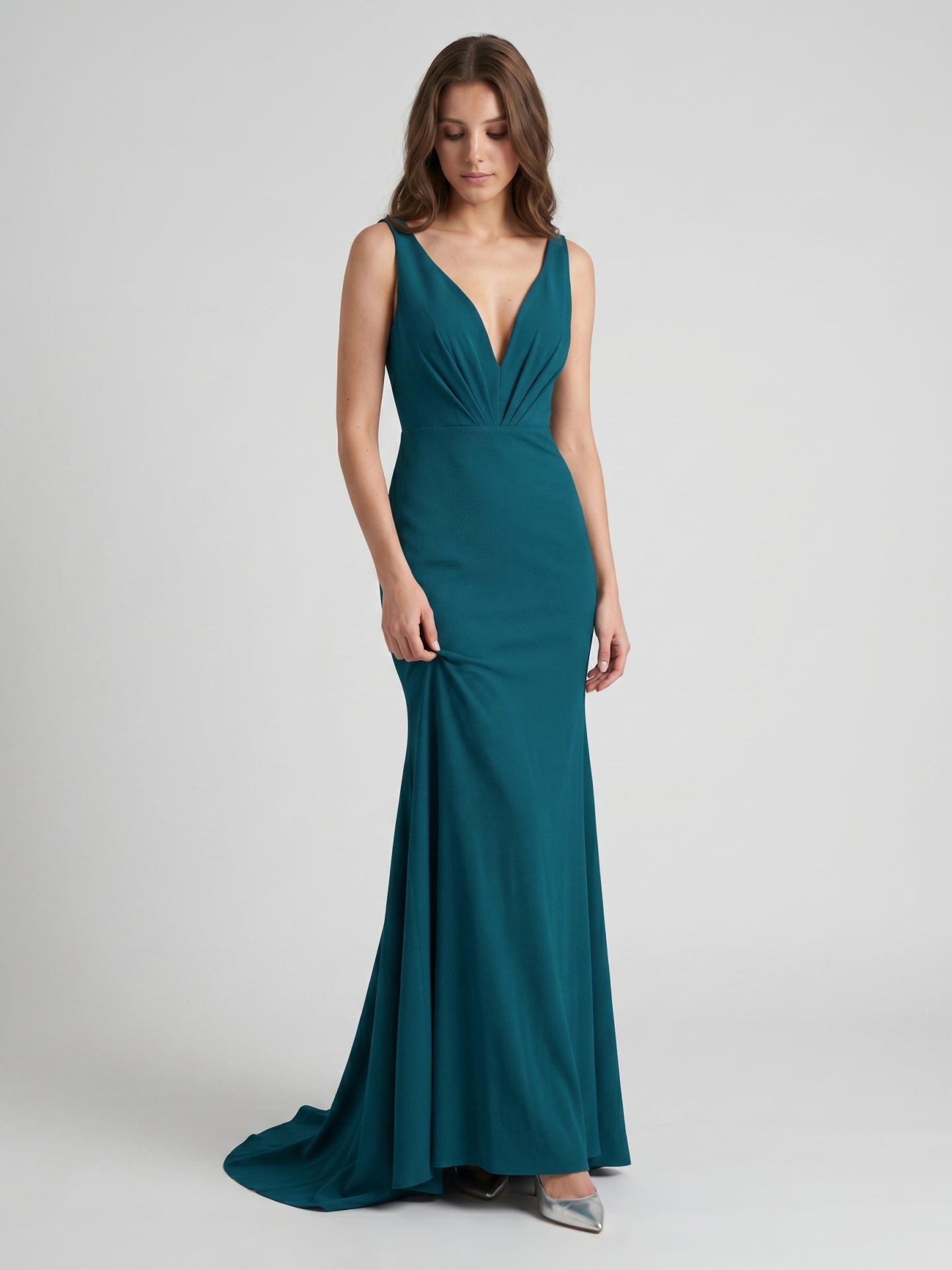 Teal Stretch Knit Mermaid V-Neck Backless Floor-Length Bridesmaid Dress