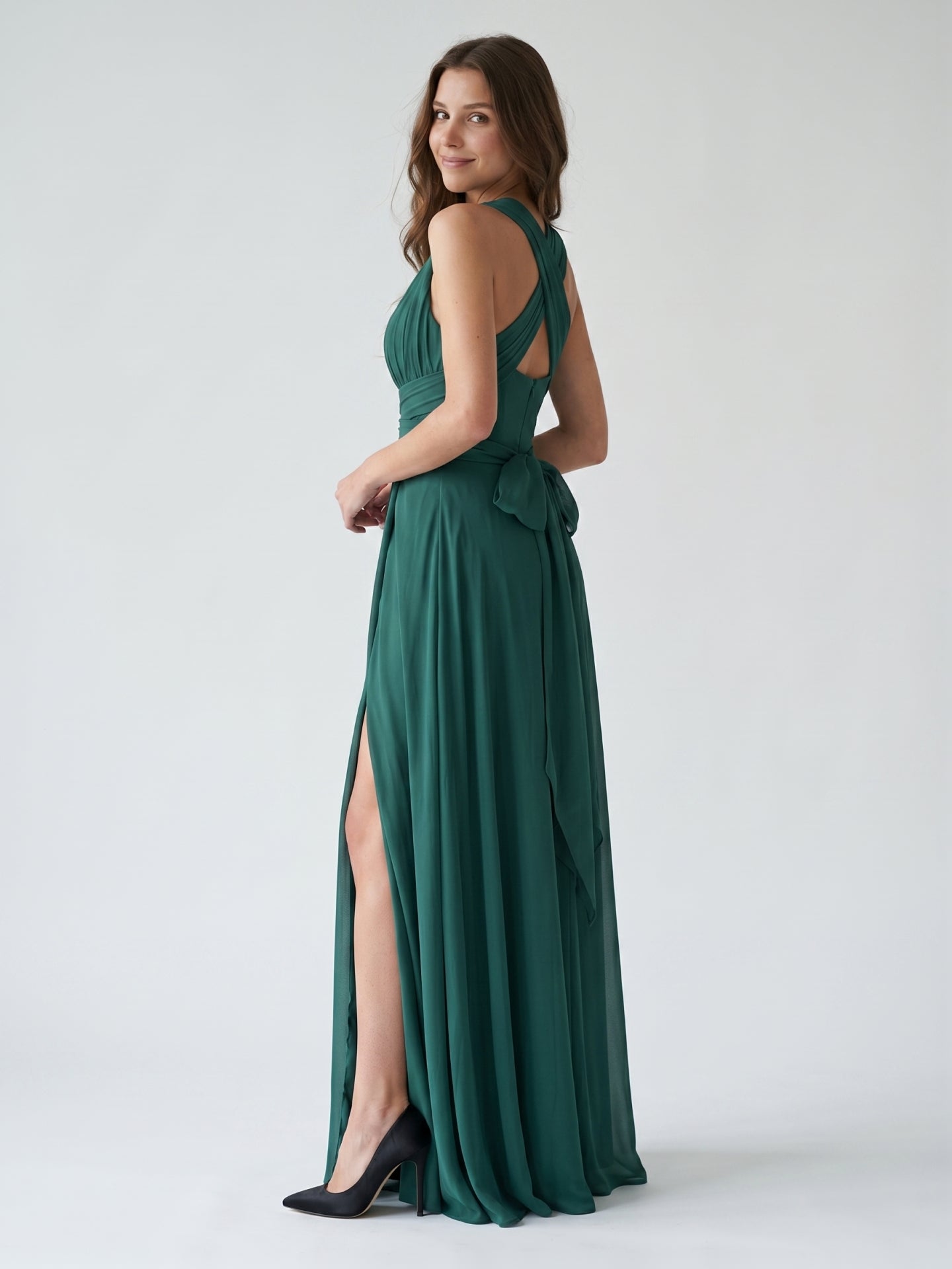 Peacock Chiffon A-Line V-Neck Back Zip Floor-Length Pleated Bridesmaid Dress