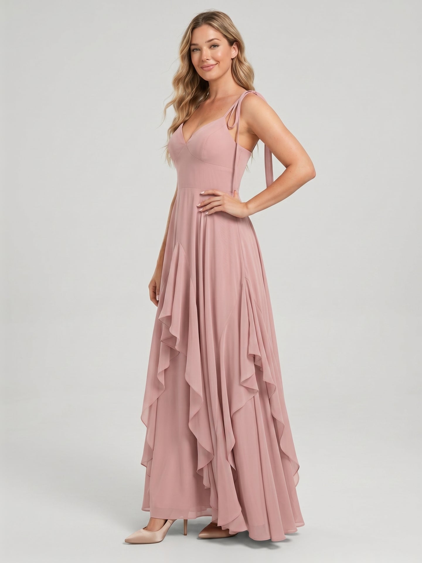 Sweet & Flowy Dusty Rose Chiffon A-Line V-Neck Back Zip with Ruffle Ankle-Length Bridesmaid Dress