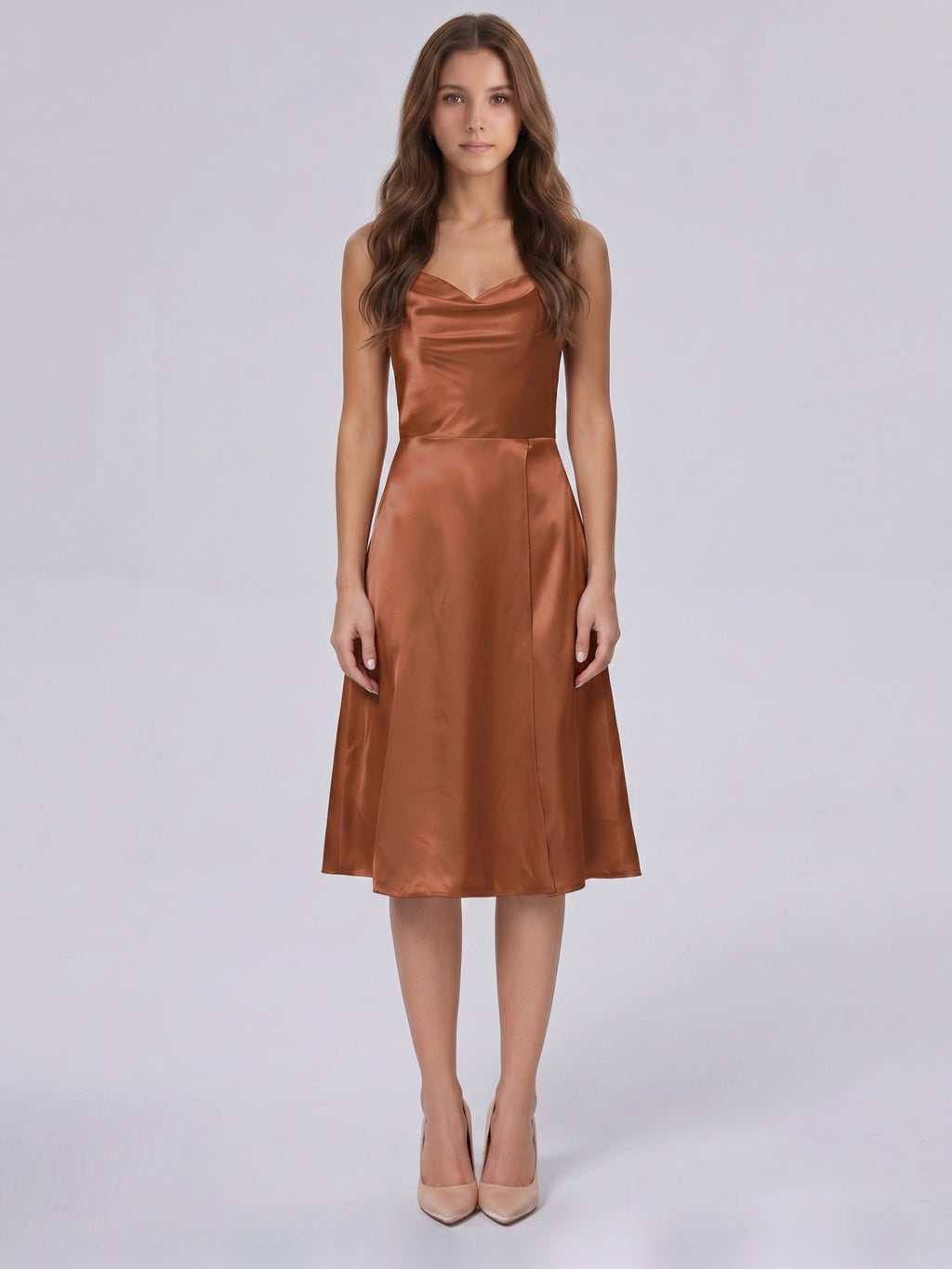 Terracotta Satin A-Line Cowl Neck Backless Knee-Length Bridesmaid Dress