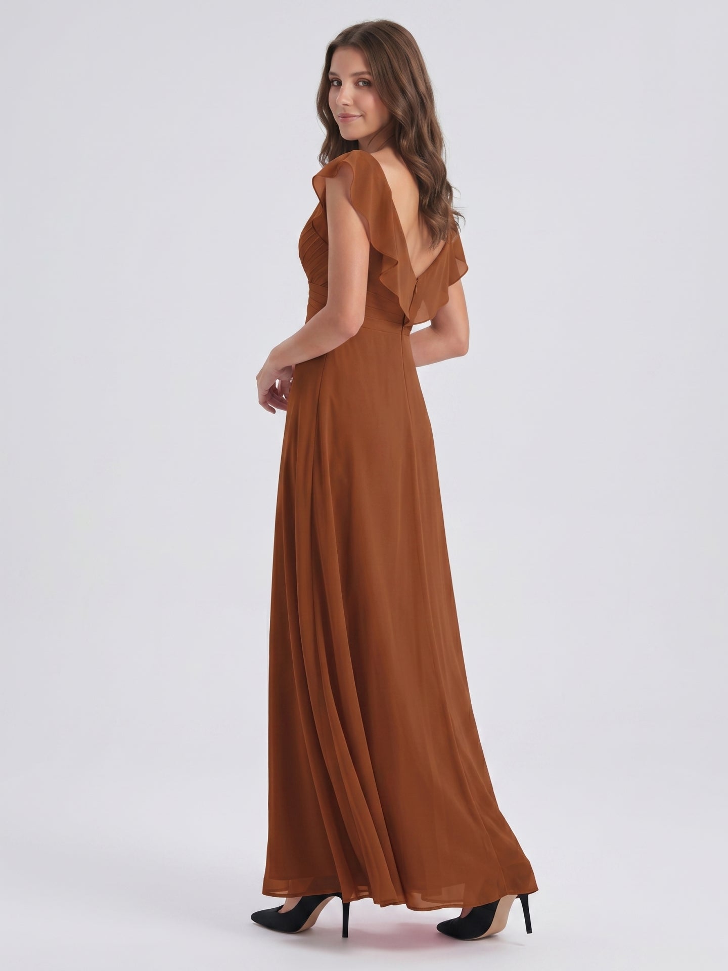 Terracotta Chiffon Sheath V-Neck Backless Floor-Length Ruffle Bridesmaid Dress