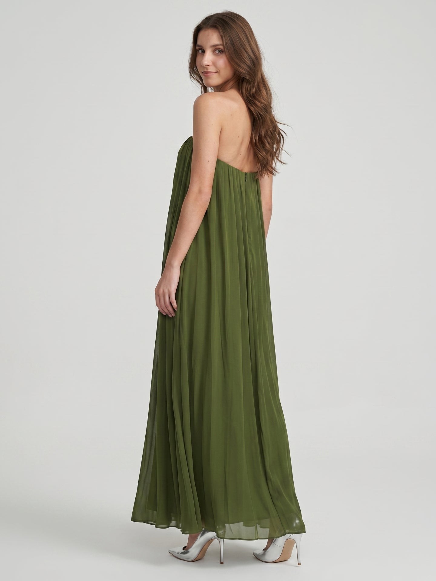 Olive Green Chiffon Sheath Off-the-Shoulder Backless Floor-Length Pleated Dress