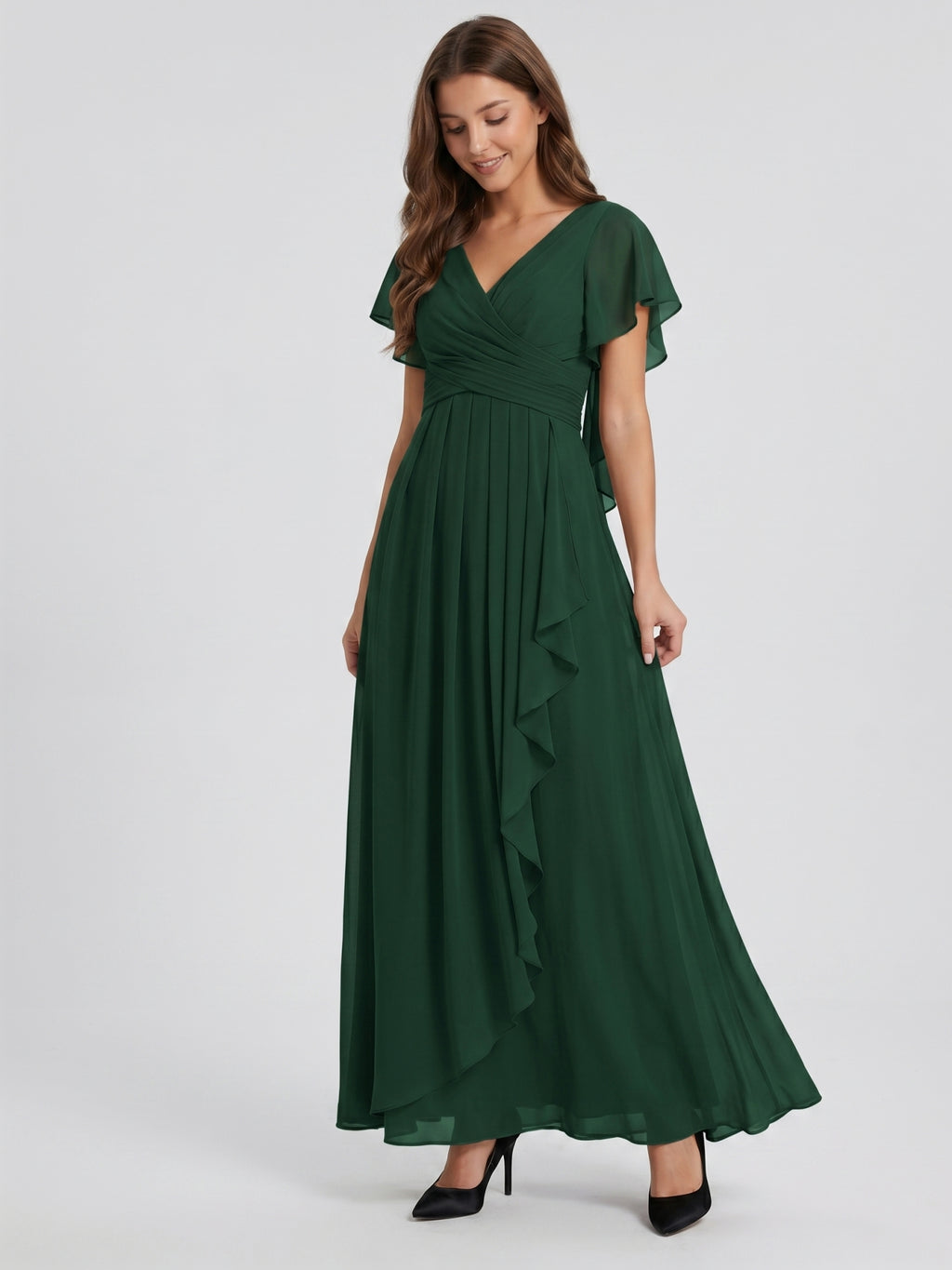 Forest Green Chiffon A-Line V-Neck Backless Floor-Length Ruffle Bridesmaid Dress