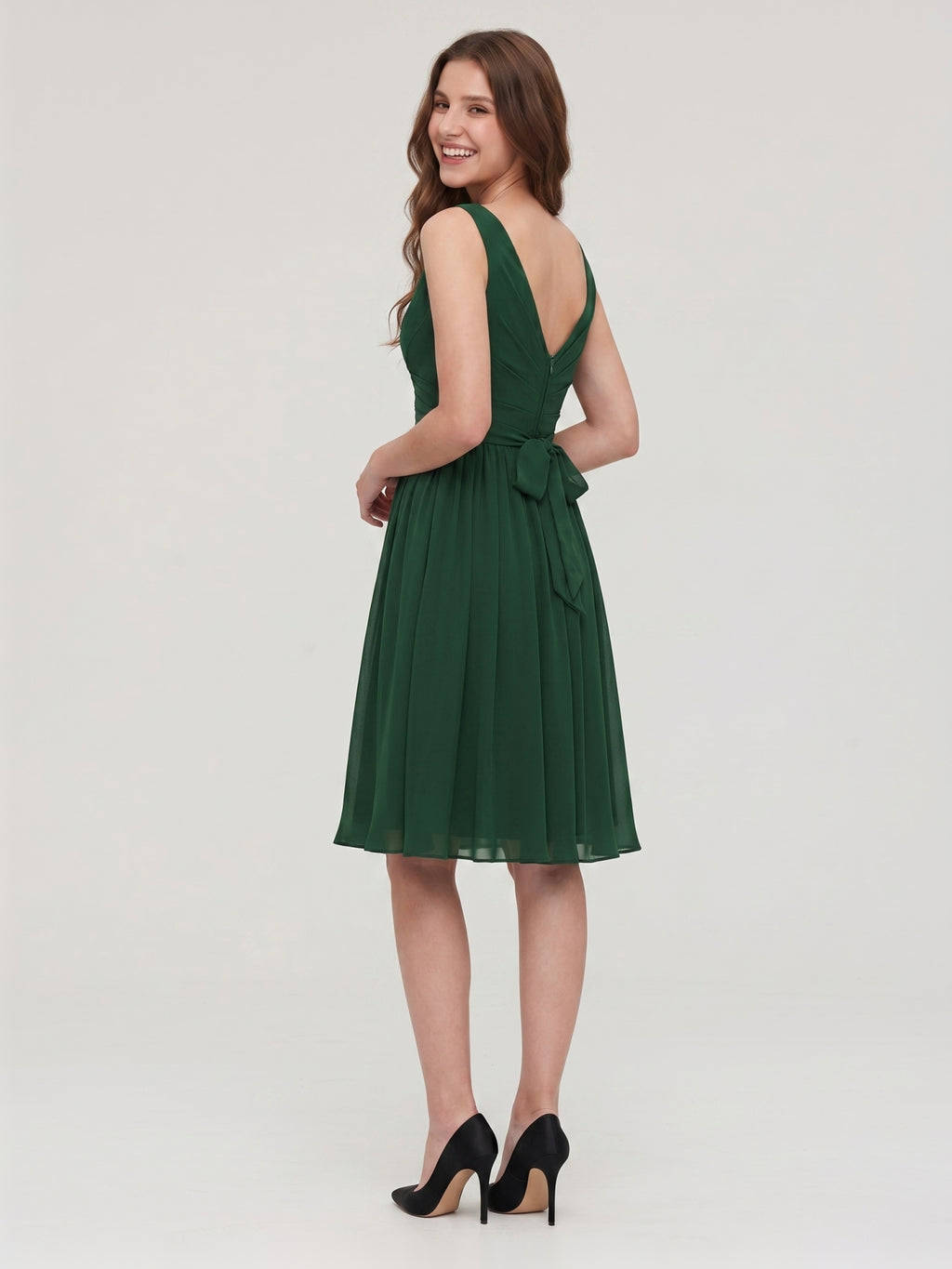 Forest Green Chiffon A-Line V-Neck V-Back Knee-Length Pleated Bridesmaid Dress