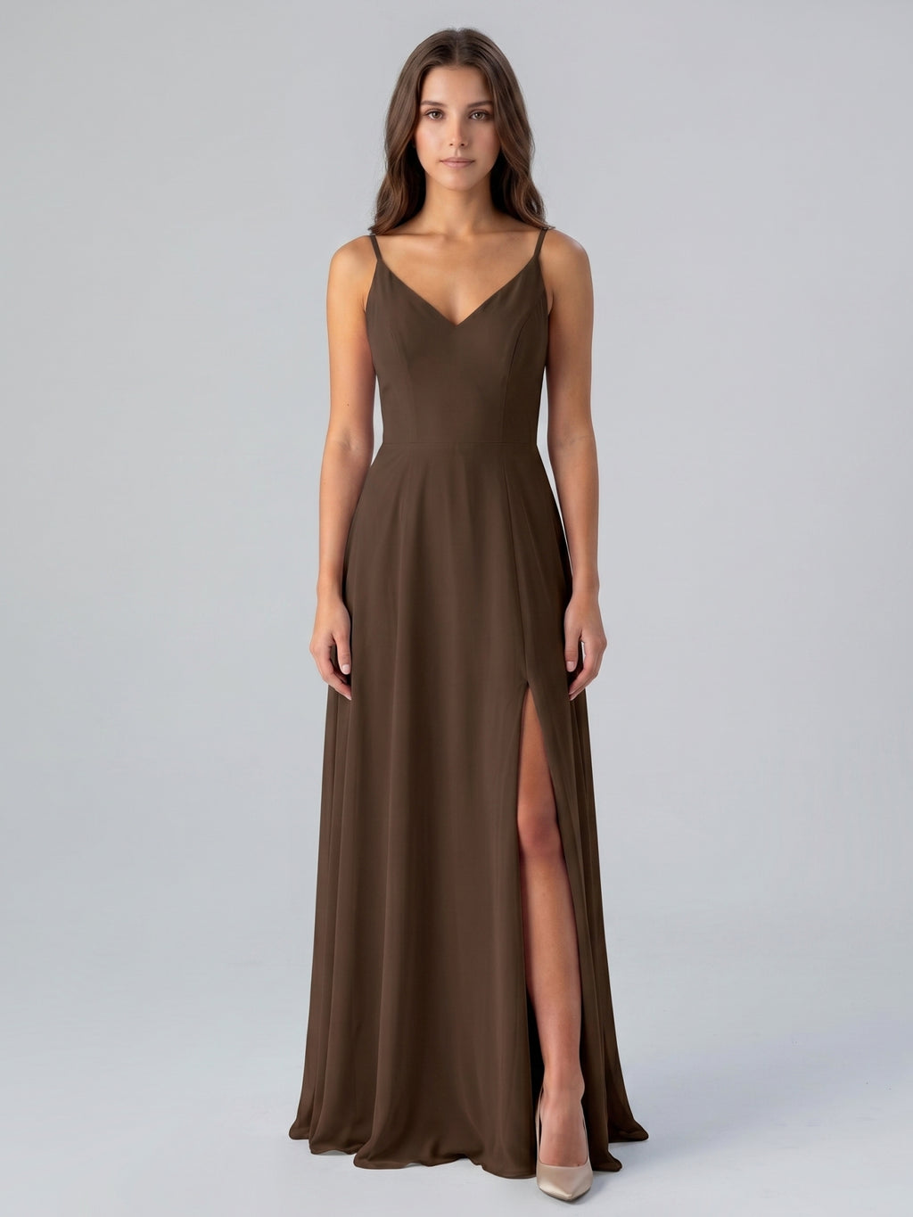 Mocha Chiffon A-Line V-Neck Lace-Up Back Floor-Length Bridesmaid Dress with Bow