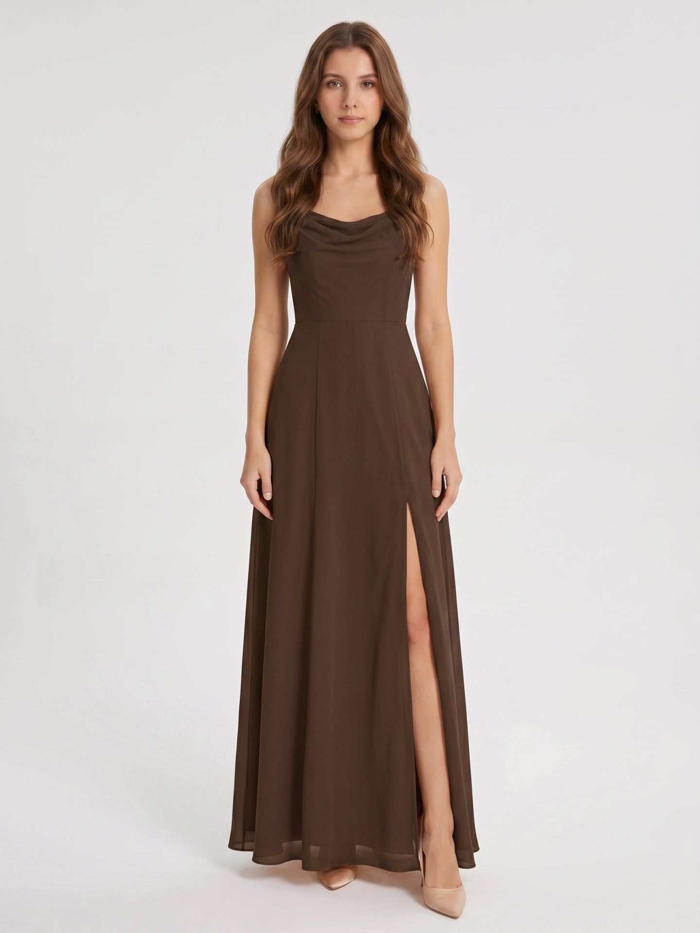 Mocha Chiffon Sheath Cowl Neck Backless Ankle-Length Bridesmaid Dress