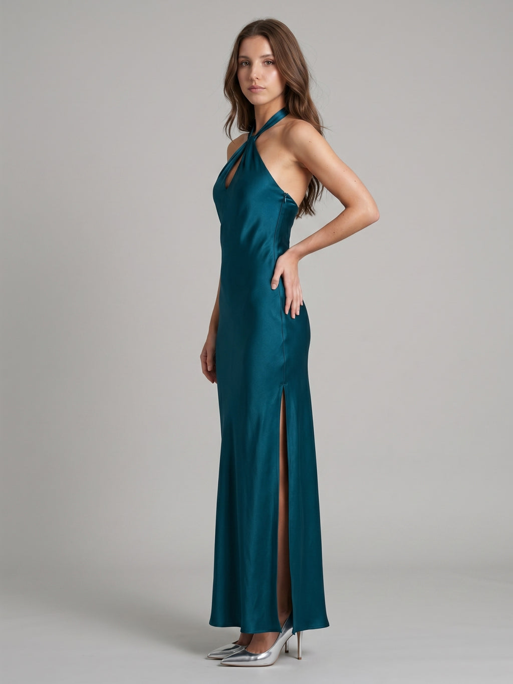 Teal Satin Column Halter Backless Floor-Length Bridesmaid Dress with Bow