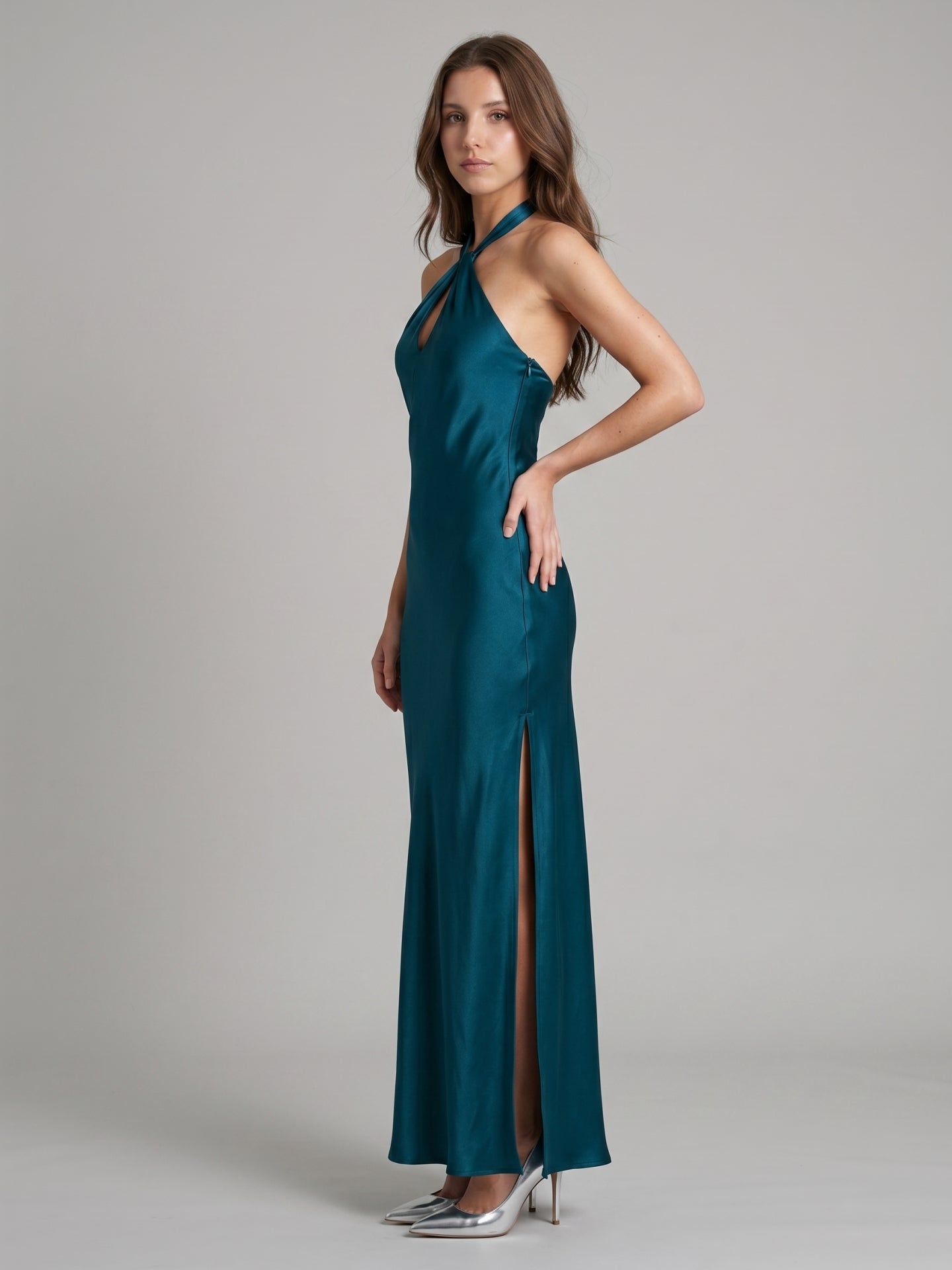 Teal Satin Column Halter Backless Floor-Length Bridesmaid Dress with Bow
